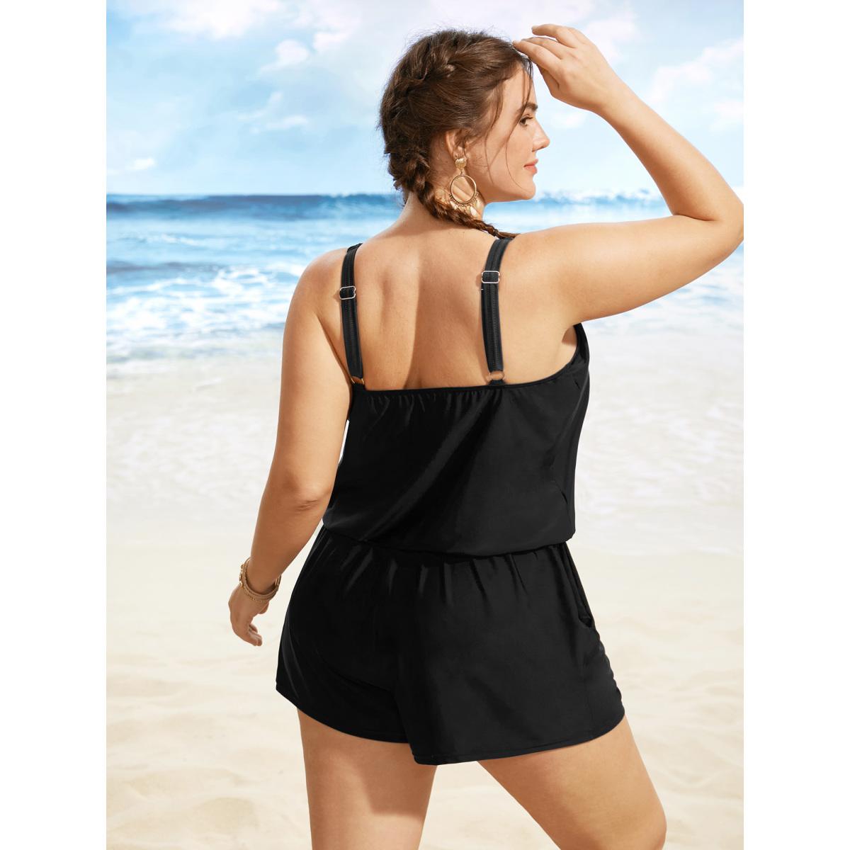 Plus Size Solid Keyhole Elastic Waist Gathered One Piece Swimsuit Women's Swimwear Black Resort Gathered Curve Bathing Suits High stretch One Pieces BloomChic 30/6X Product Image