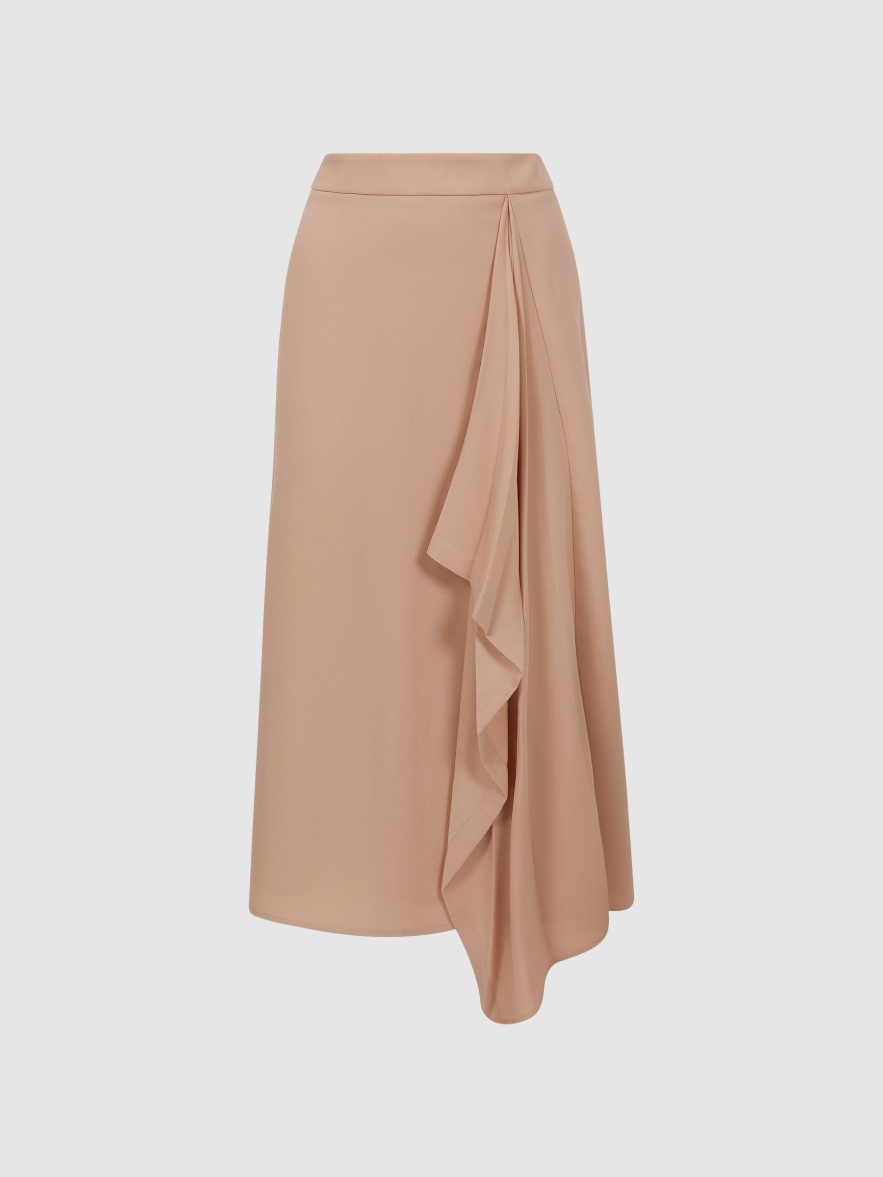 High Rise Ruffle Midi Skirt in Camel Product Image