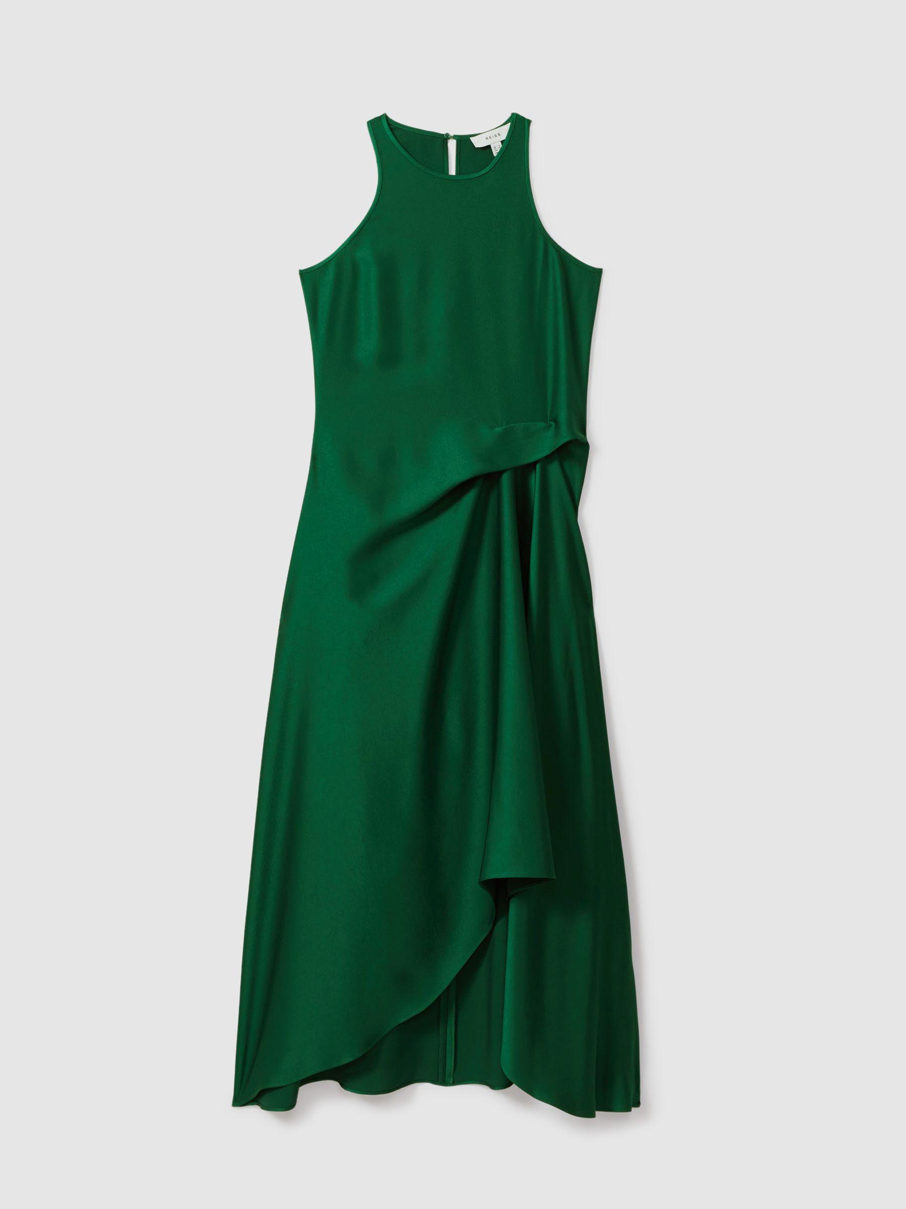 Petite Satin Drape Tuck Midi Dress in Green Product Image