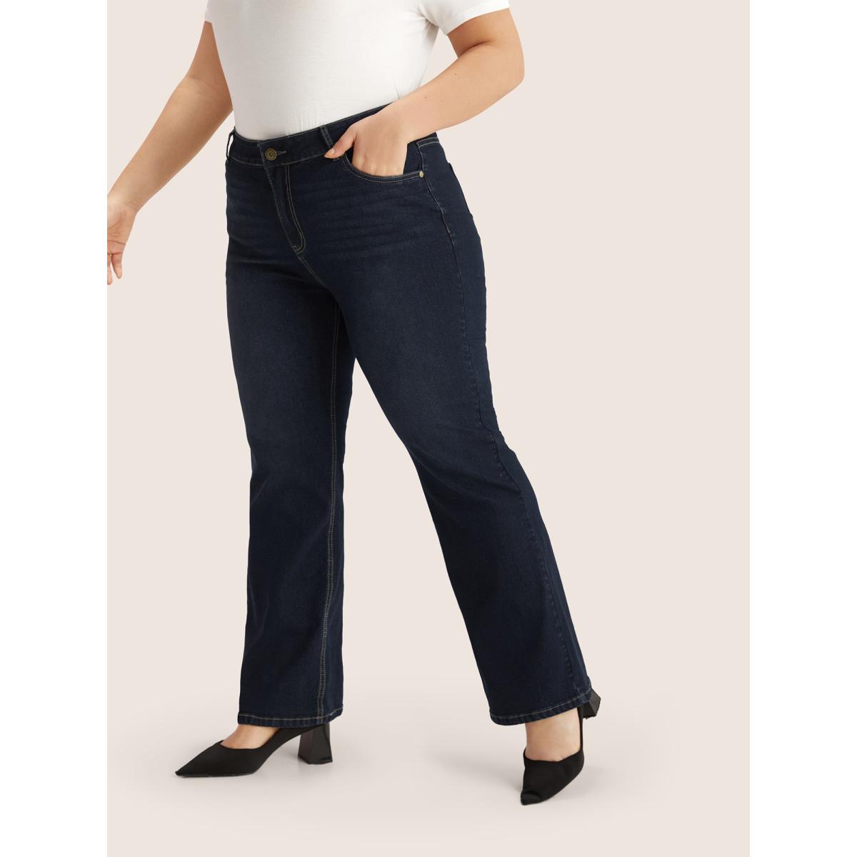 Plus Size Plain Bootcut Pocket Zipper Fly Jeans Women DarkBlue Casual Plain Non High stretch Slanted pocket Jeans BloomChic 24/3X Product Image