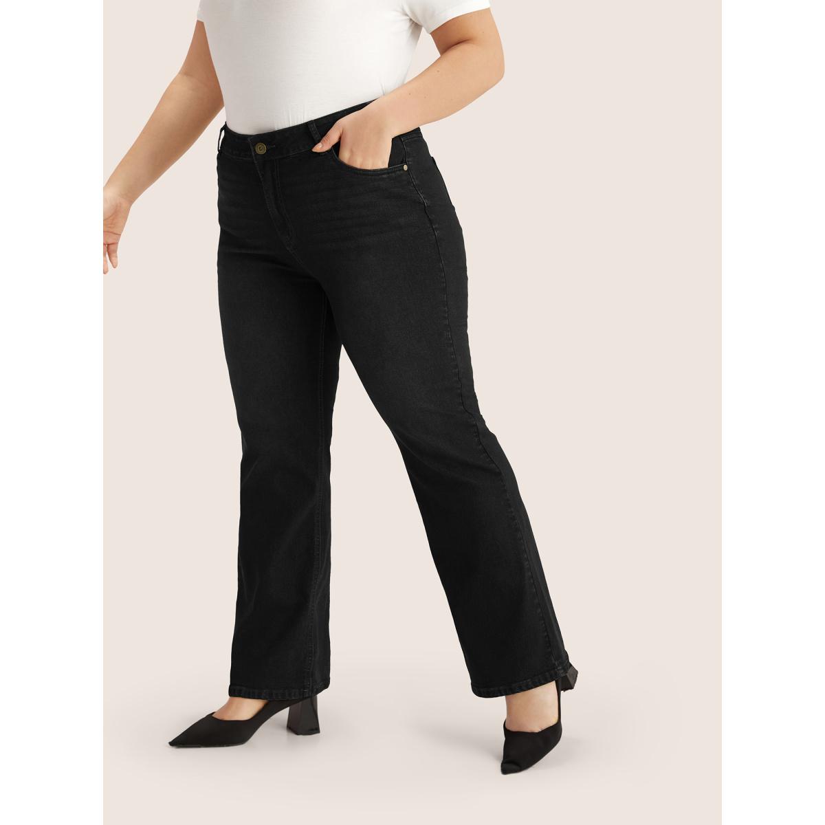 Plus Size Plain Bootcut Pocket Zipper Fly Jeans Women Black Casual Plain Non High stretch Slanted pocket Jeans BloomChic 12/L Product Image