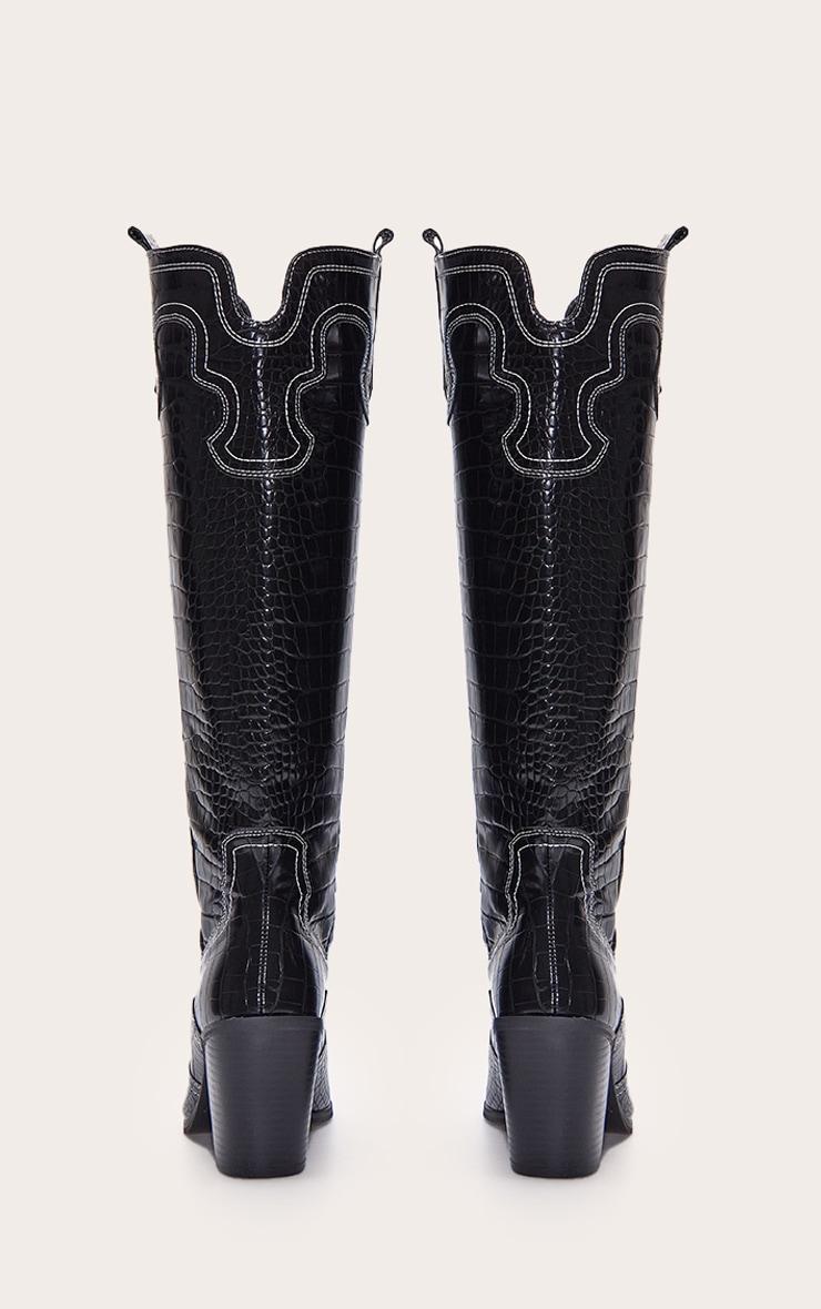 Black Croc Pu Point Toe Western Stitch Knee High Block Heeled Boots Product Image