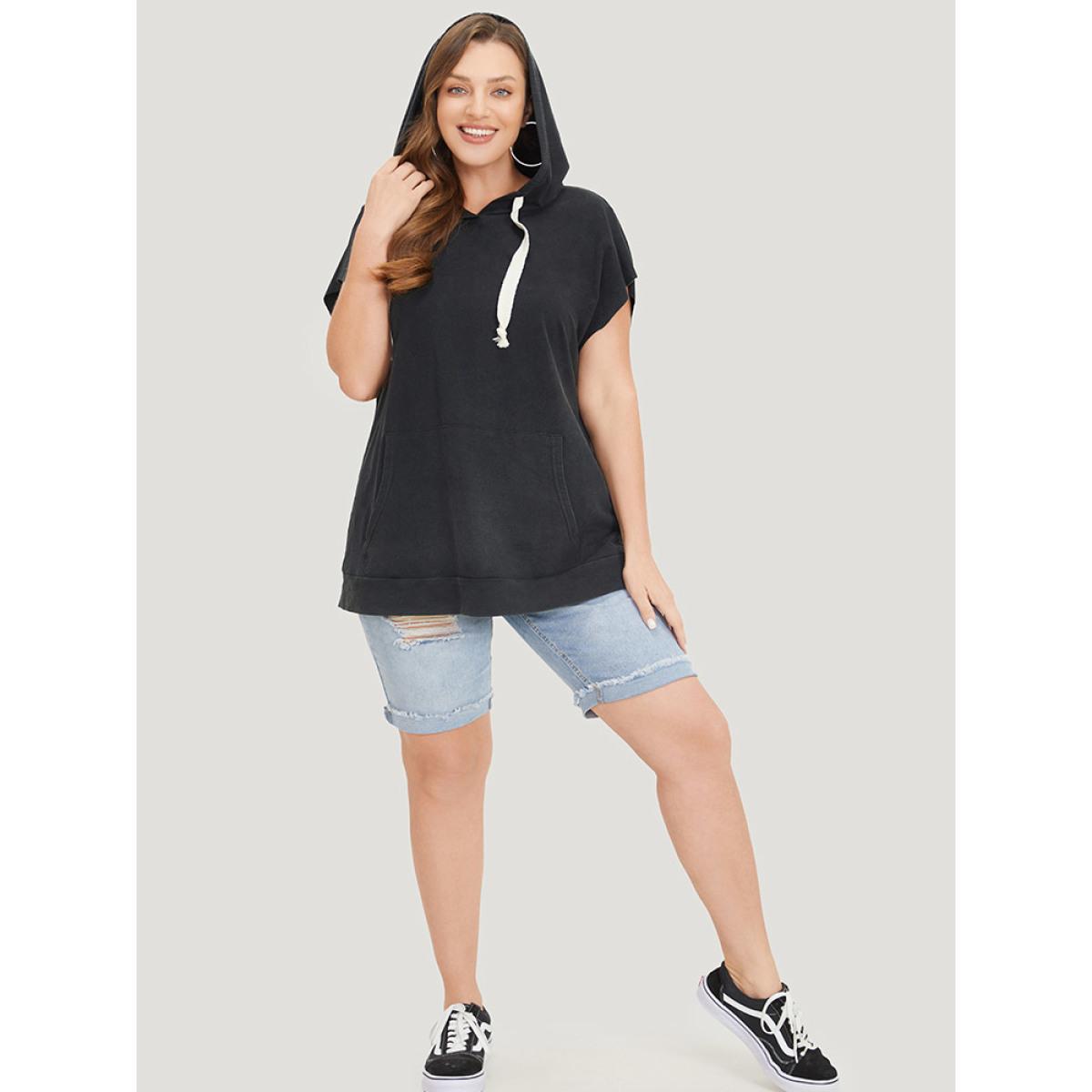 Plus Size Hooded Ties Pocket Batwing Sleeve T-shirt Black Women Casual Cross straps Plain Hooded Dailywear T-shirts BloomChic 10/M Product Image