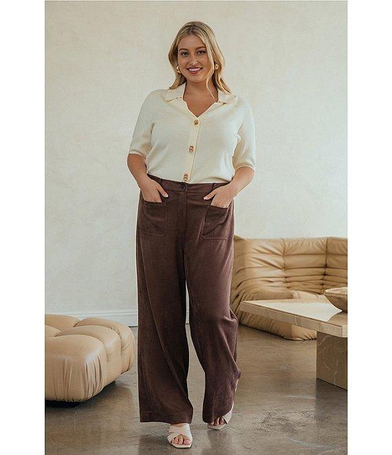 Skies Are Blue Plus Faux Suede High Waist Patch Pocket Wide Leg Pants Product Image