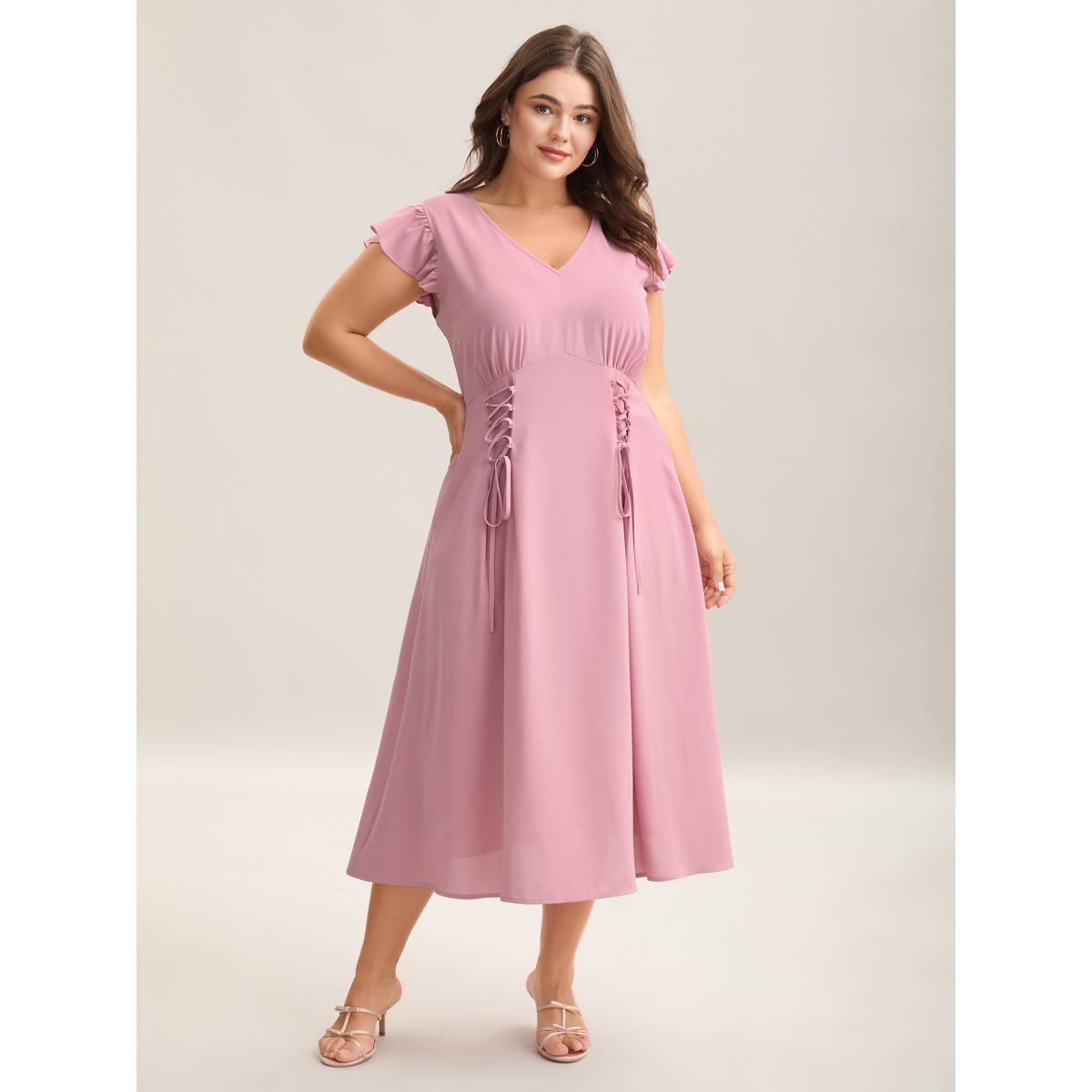 Plus Size Tie-Up Panels Solid Pockets Midi Dress Crepe Women V-neck Cap Sleeve Curvy BloomChic 28/5X Product Image