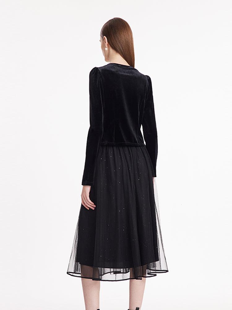Wave Cut V-Neck Velvet Top And Tulle Skirt Two-Piece Set Product Image