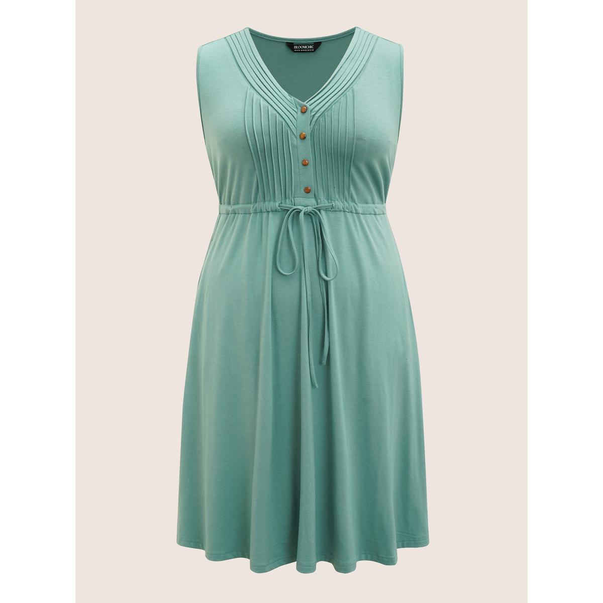 Plus Size V Neck Drawstring Button Detail Pleated Dress Mint Women Casual Pleated V-neck Sleeveless Curvy BloomChic 14-16/1X Product Image