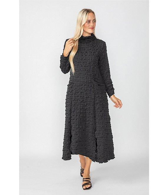 IC Collection Textured Bubble Check Pucker Woven Mock Neck 3/4 Sleeve Asymmetrical Hem Midi A-Line Dress Product Image