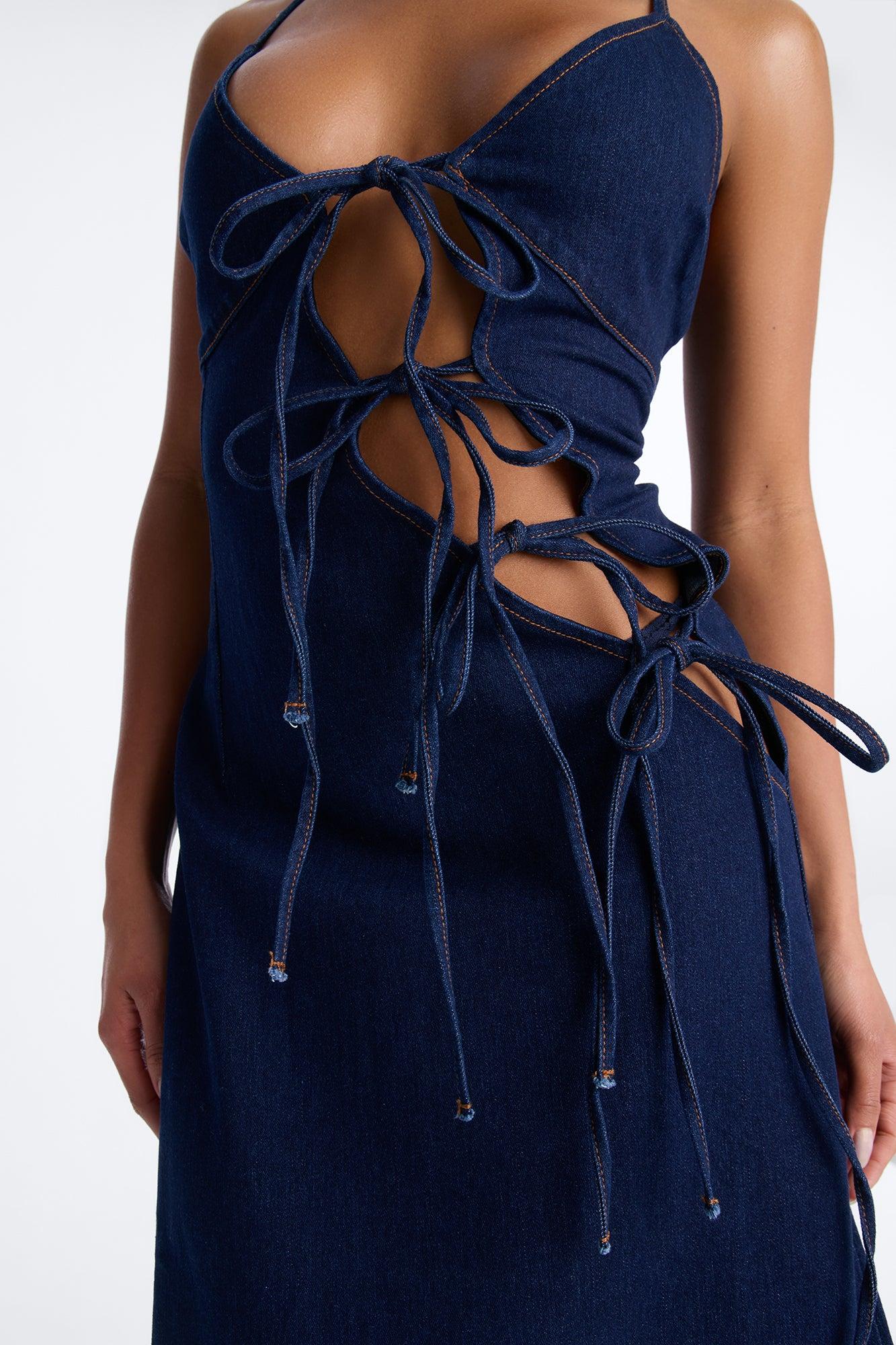 Valeria Tie Denim Maxi Dress - Dark Wash Female Product Image