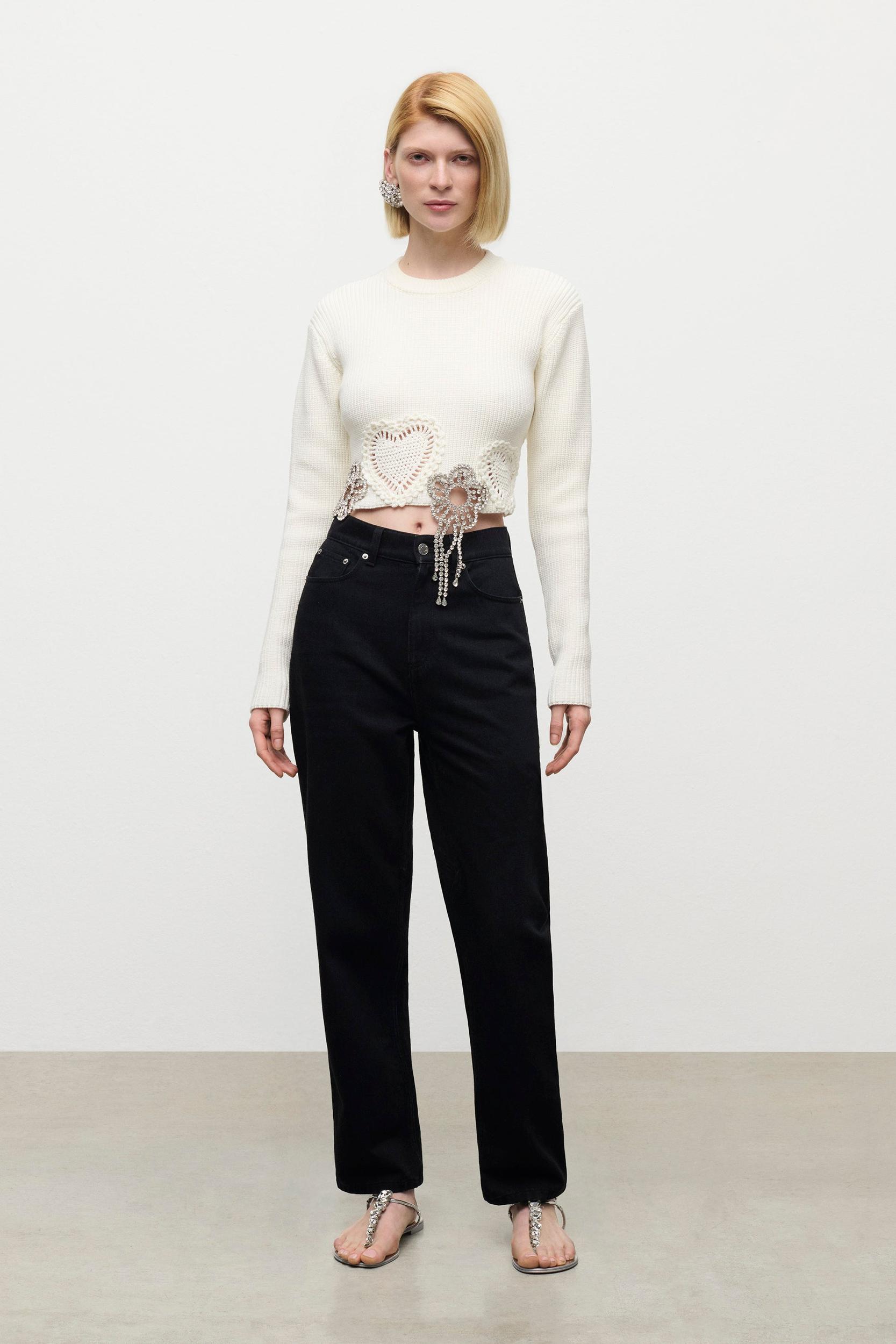 Crystal Crochet Flower Cropped Sweater Product Image