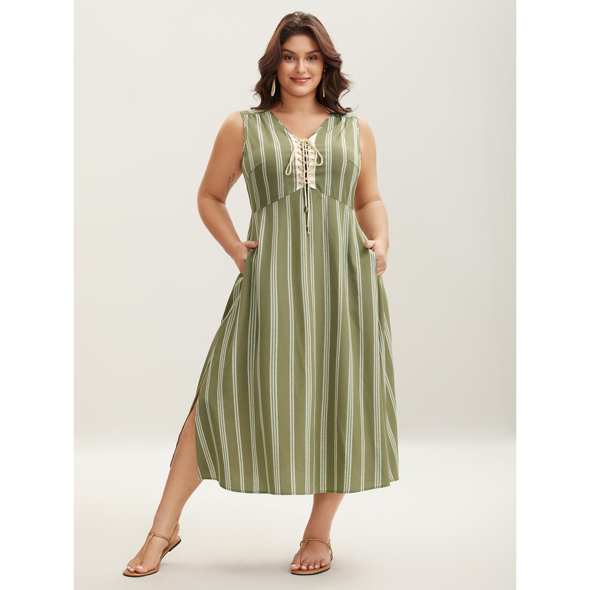 Plus Size Solid Stripes Bust Lace-Up Midi Dress Olive Women V-neck Sleeveless Curvy BloomChic 12/L Product Image