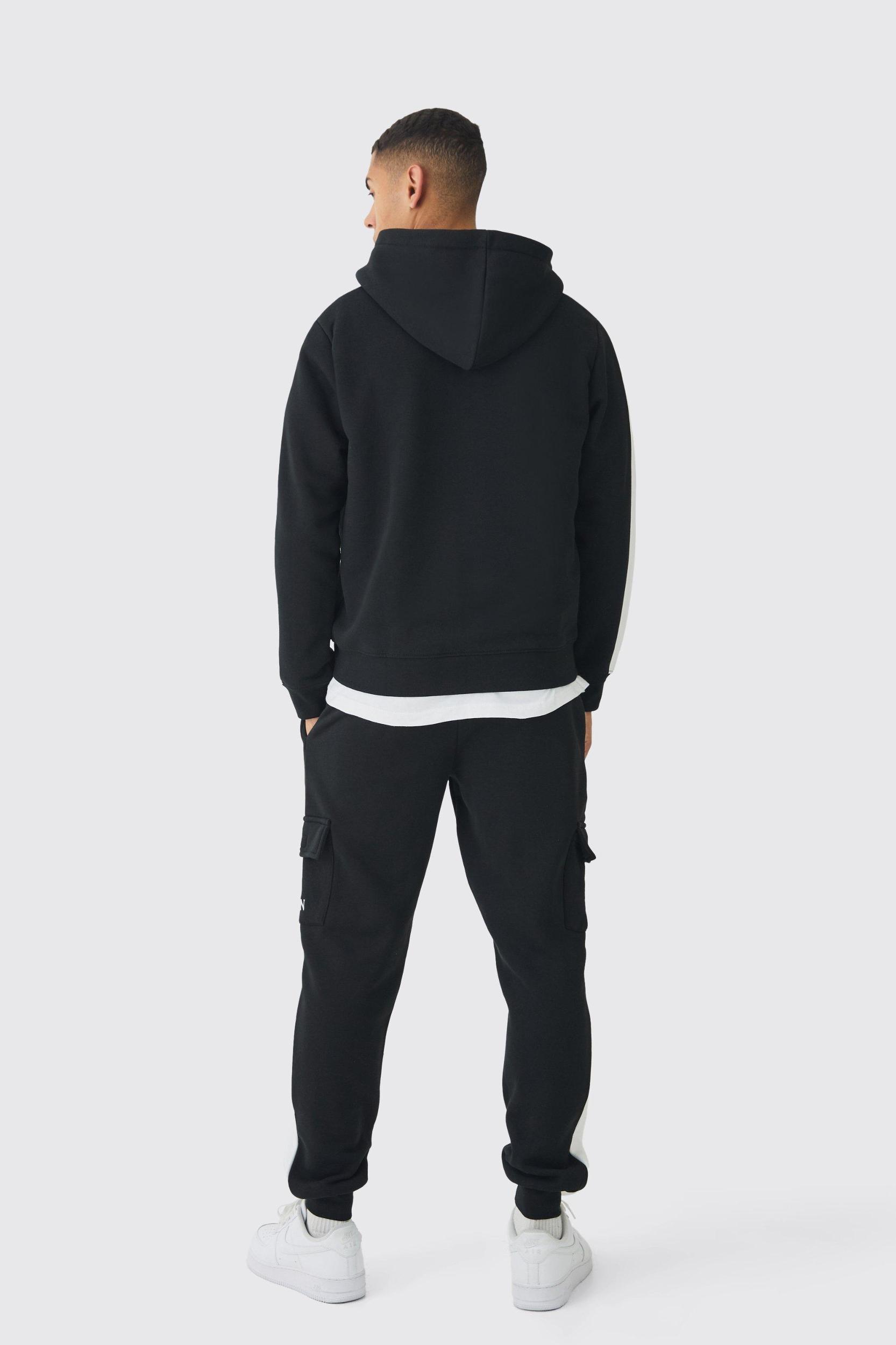 Regular Fit MAN Colour Block Cargo Pocket Zip Through Hooded Tracksuit | boohooMAN USA Product Image