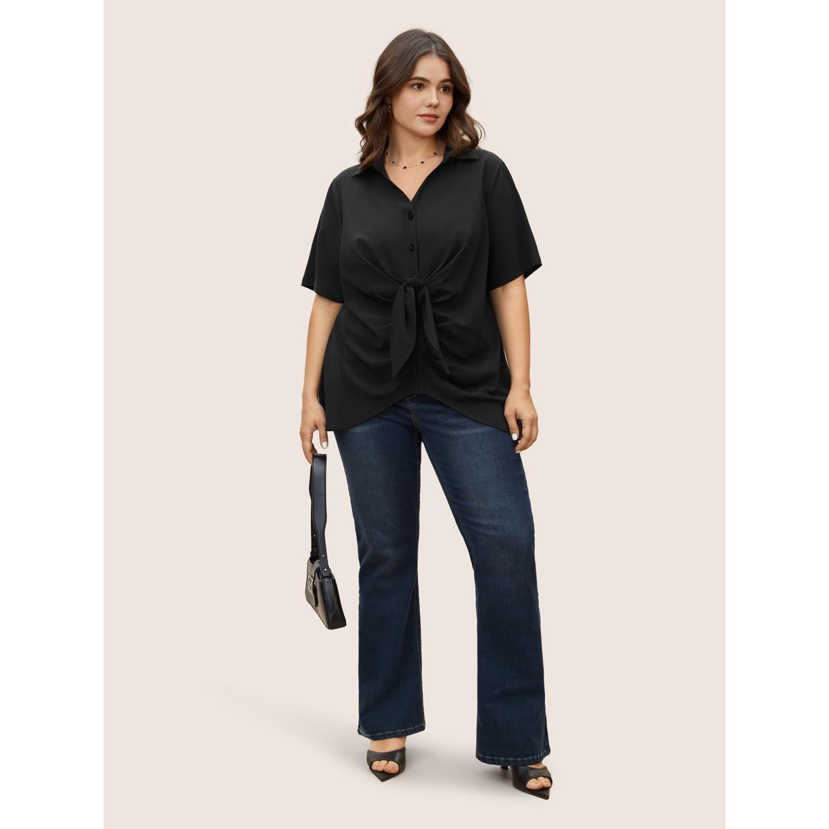 Plus Size Black Plain Tie Knot Stretchy Woven Pleated Blouse Women Work From Home Short sleeve Shirt collar Work Blouses BloomChic 18-20/2X Product Image