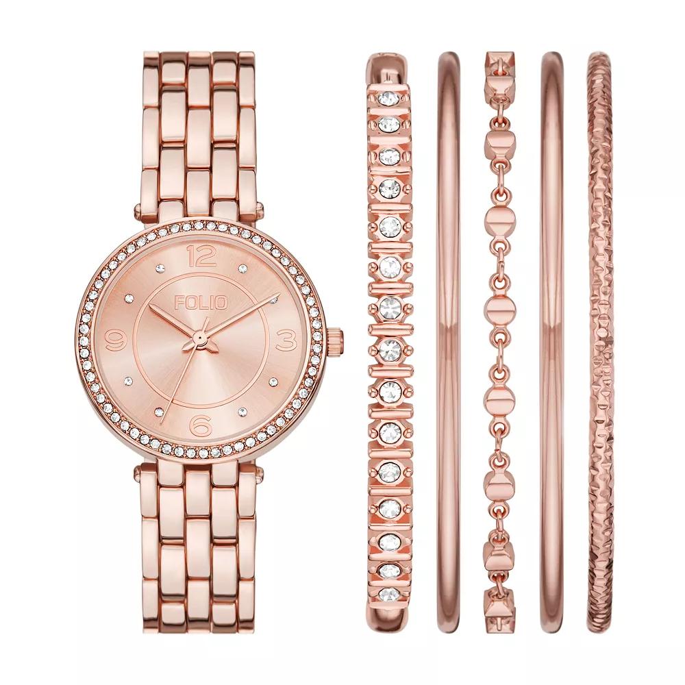 Folio Women's Rose Gold Tone Tone Bracelet Watch & Bracelet Set, Size: 35 mm, None Product Image