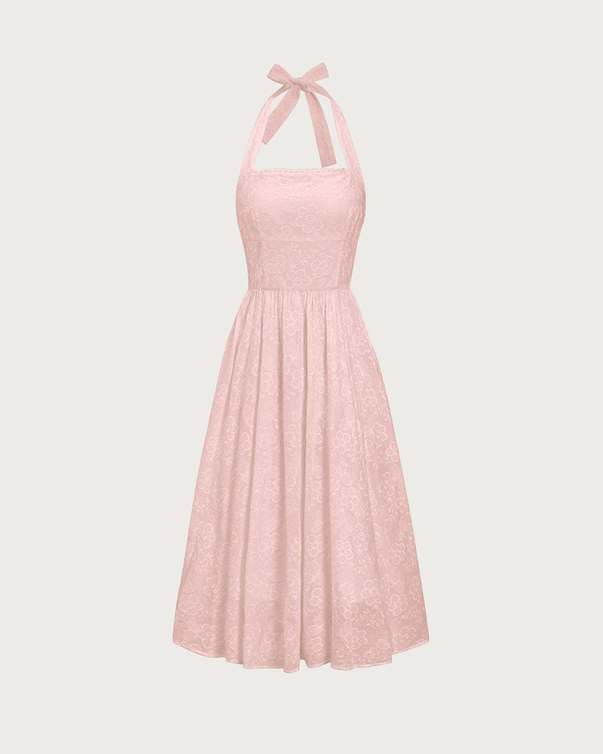 Pink Embroidery Halter Midi Dress Product Image