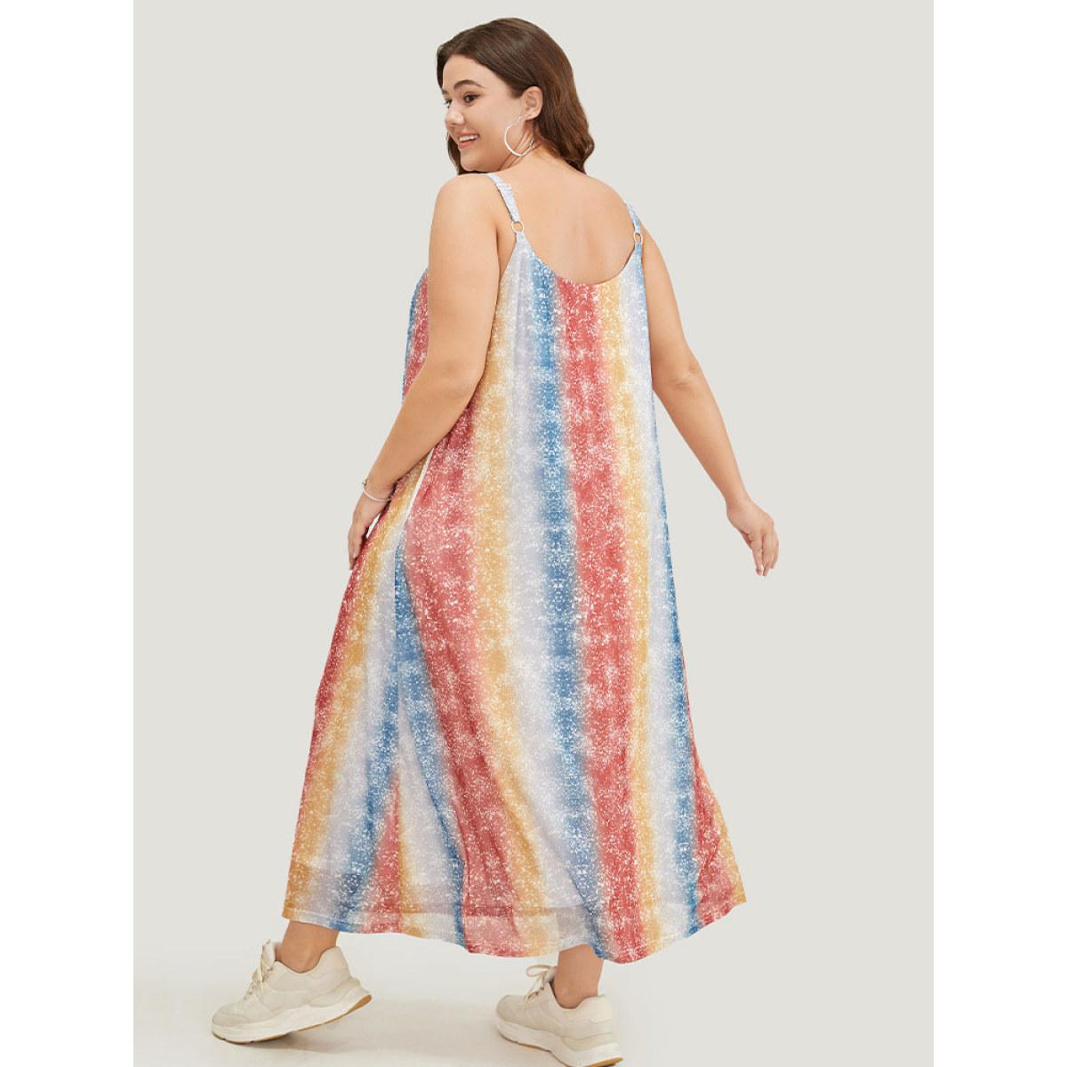 Plus Size Rainbow Striped Pocket Contrast Cami Maxi Dress Multicolor Women Casual Lined Spaghetti Strap Sleeveless Curvy Long Dress BloomChic 14-16/1X Product Image