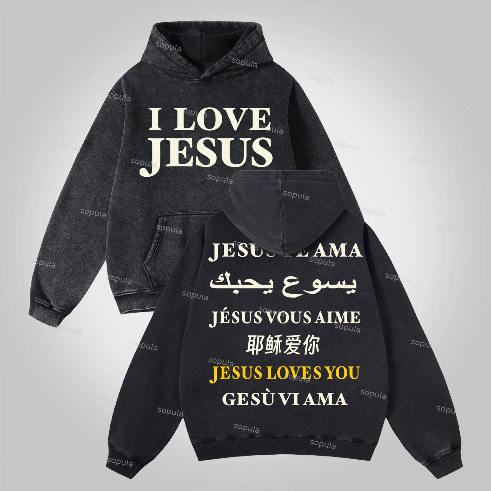 Sopula I Love Jesus. Jesus Loves The World Graphics Washed Distressed Pocket Hoodie Product Image