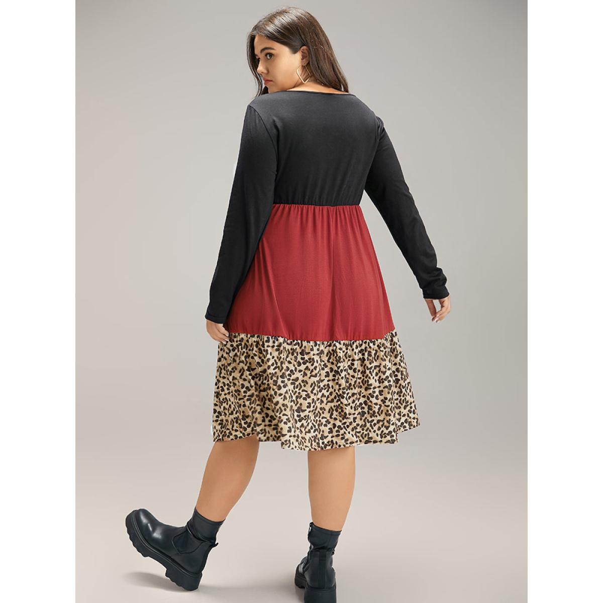 Plus Size Supersoft Essentials Colorblock Contrast Leopard Dress Black Women Casual Patchwork Round Neck Long Sleeve Curvy Midi Dress BloomChic 30/6X Product Image