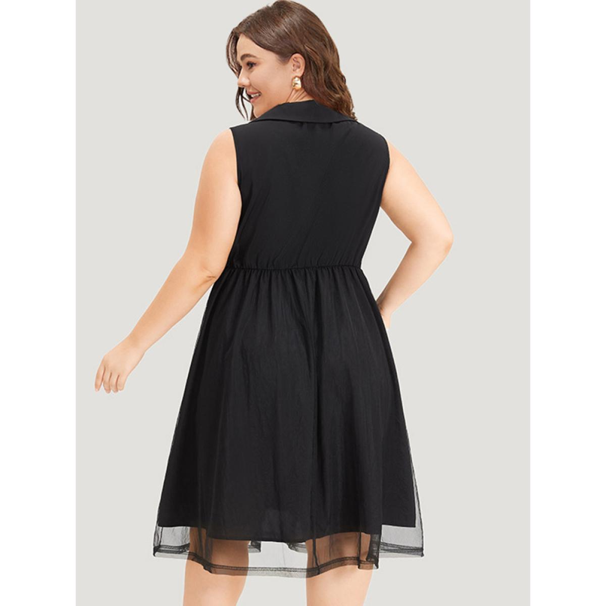 Plus Size Shirt Collar Pocket Mesh Elastic Waist Sleeveless Dress Black Women Elegant Lined Shirt collar Sleeveless Curvy Midi Dress BloomChic 26/4X Product Image