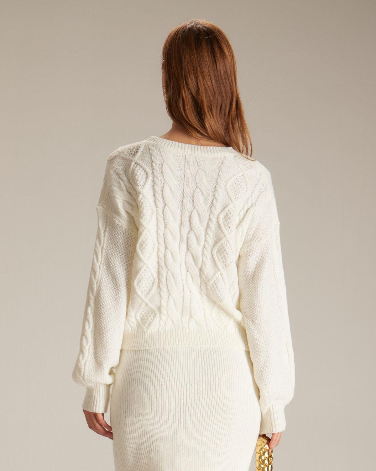 The Beige Round Neck Ribbed Cable Sweater Product Image