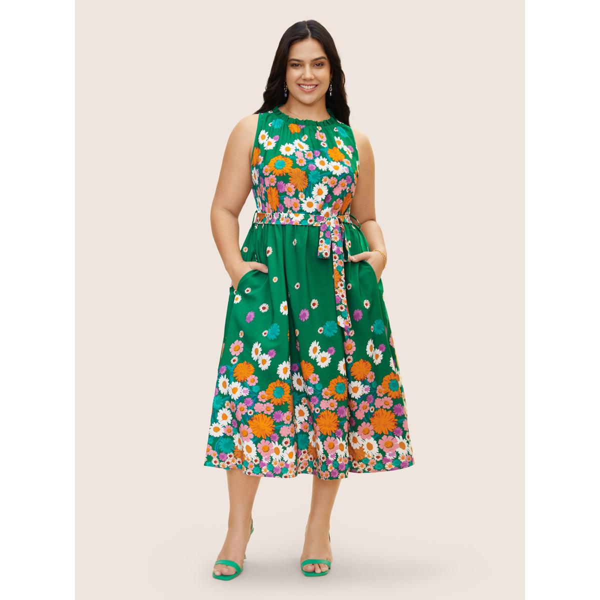 Plus Size Boho Print Frill Trim Sleeveless Midi Dress Truegreen Women Elegant Gathered Round Neck Sleeveless Curvy BloomChic 12/L Product Image