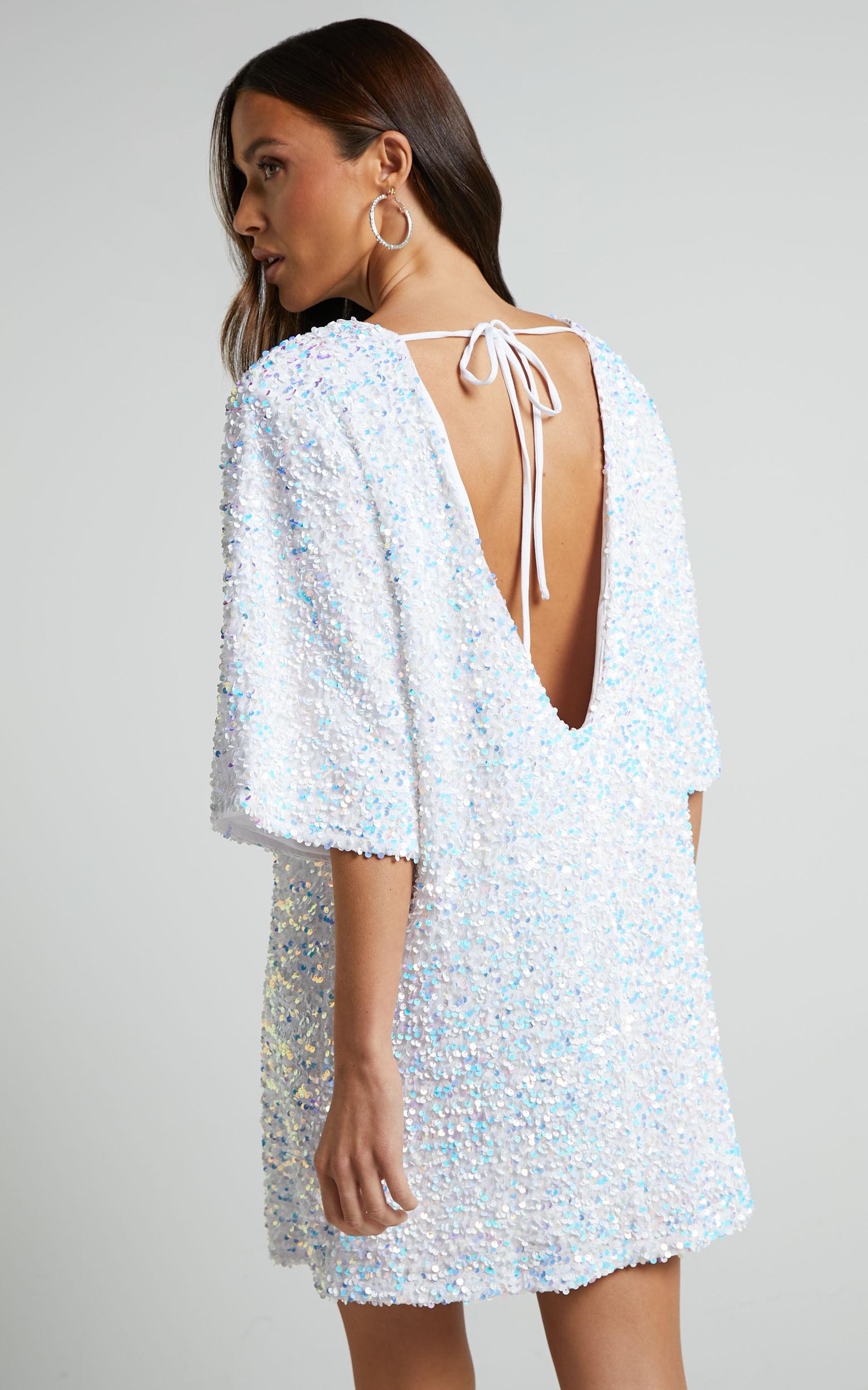 Valetta Mini Dress - Sequin low back shift dress in White Product Image