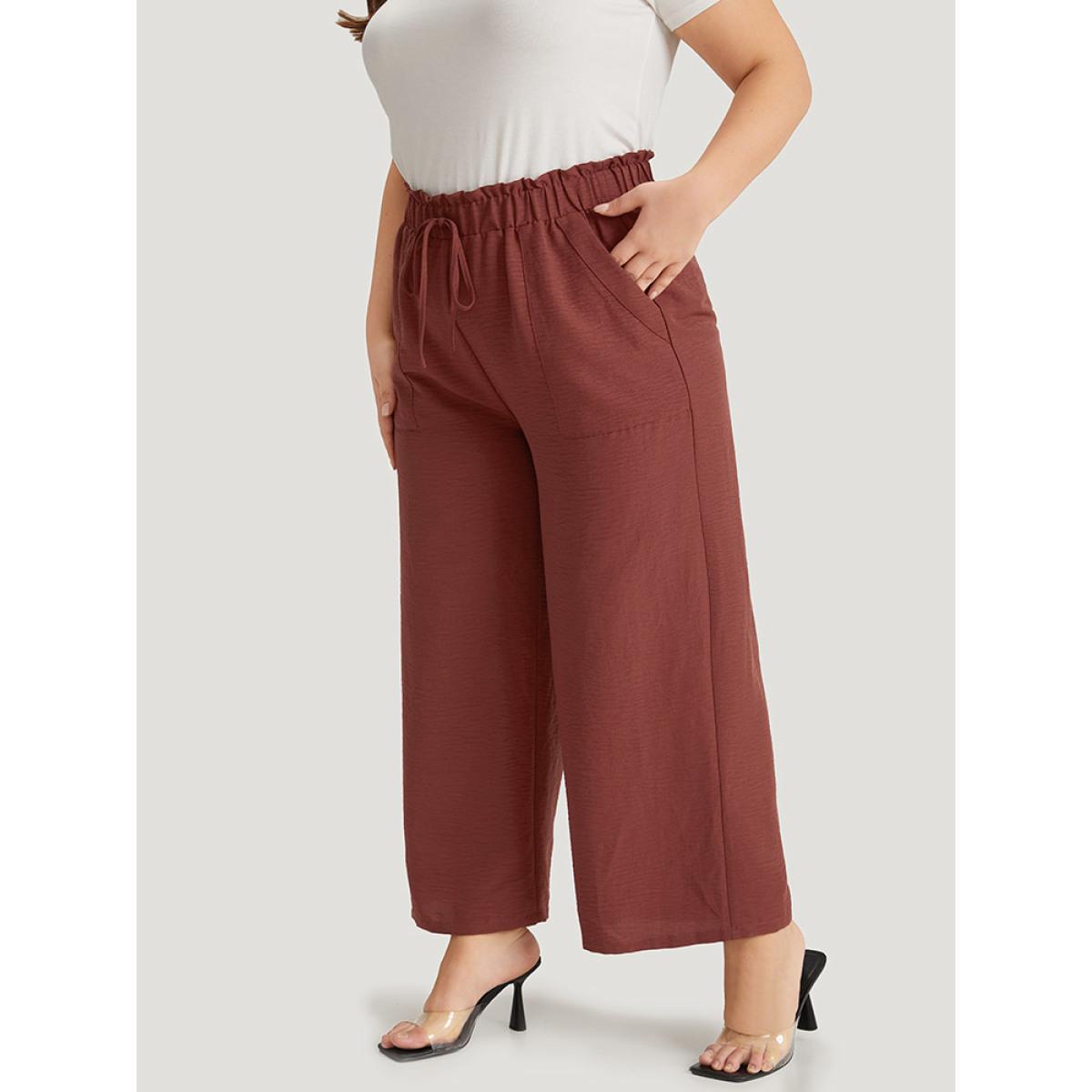 Plus Size Solid Paperbag Waist Pocket Ties Pants Women Tan Elegant High Rise Dailywear Pants BloomChic 10/M Product Image