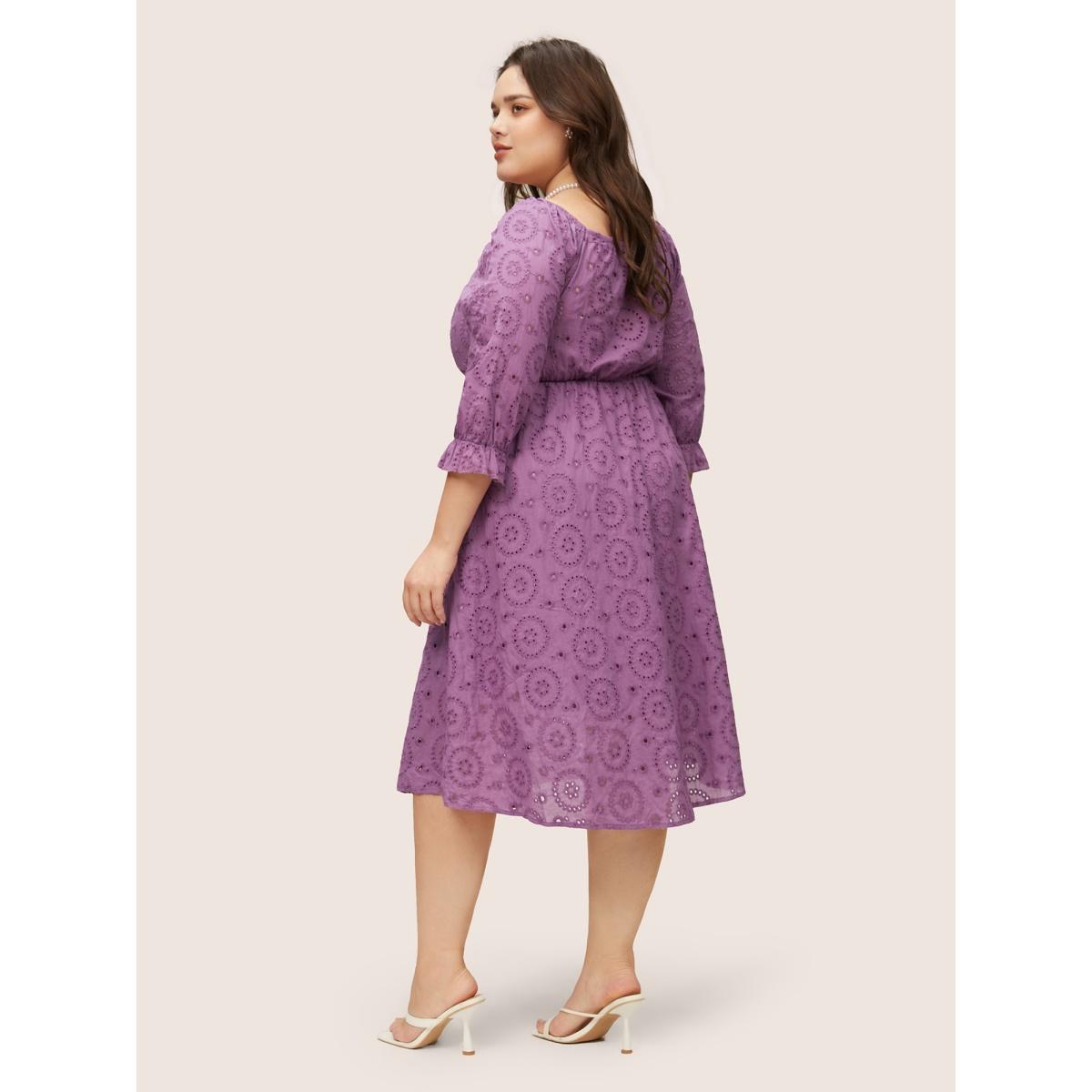 Plus Size Broderie Anglaise Gathered Square Neck Button Detail Dress Mauve Women Elegant Non Square Neck Elbow-length sleeve Curvy Midi Dress BloomChic 30/6X Product Image