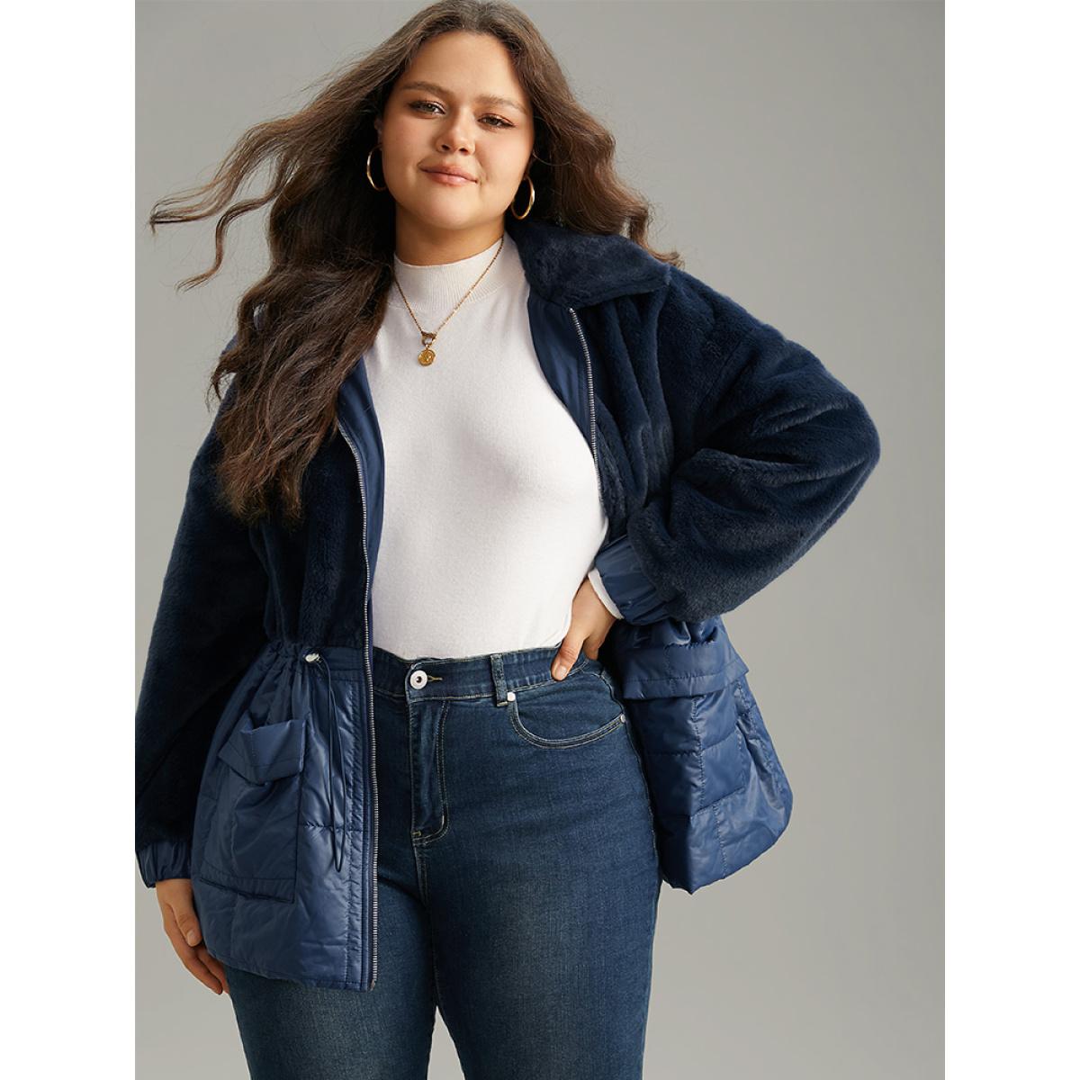 Plus Size Fuzzy Patchwork Zipper Drawstring Coat Women Indigo Casual Plain Ladies Dailywear Winter Coats BloomChic 14-16/1X Product Image