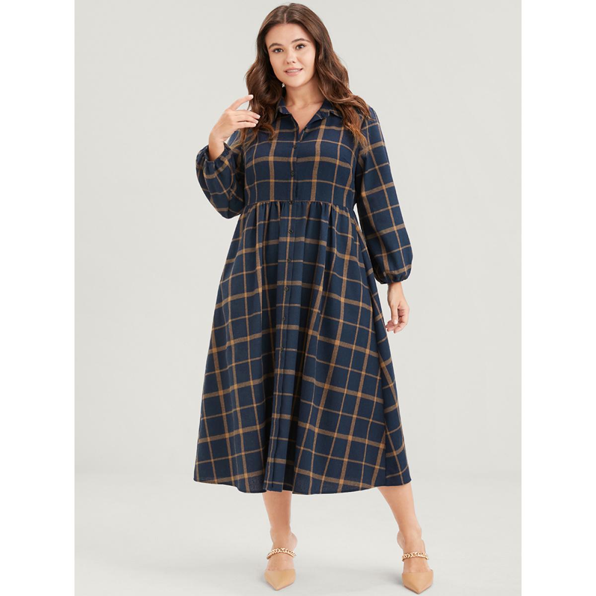 Plus Size Plaid Button Up Pocket Shirt Collar Flutter Hem Dress Without Belt DarkBlue Women Office Slit Shirt collar Long Sleeve Curvy Midi Dress BloomChic 14-16/1X Product Image