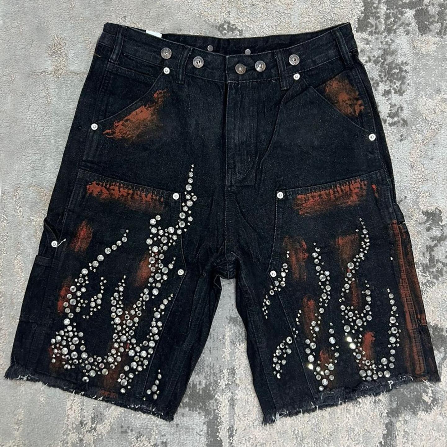 Hiphop Street Flame Rhinestone Five-point Denim Shorts Product Image