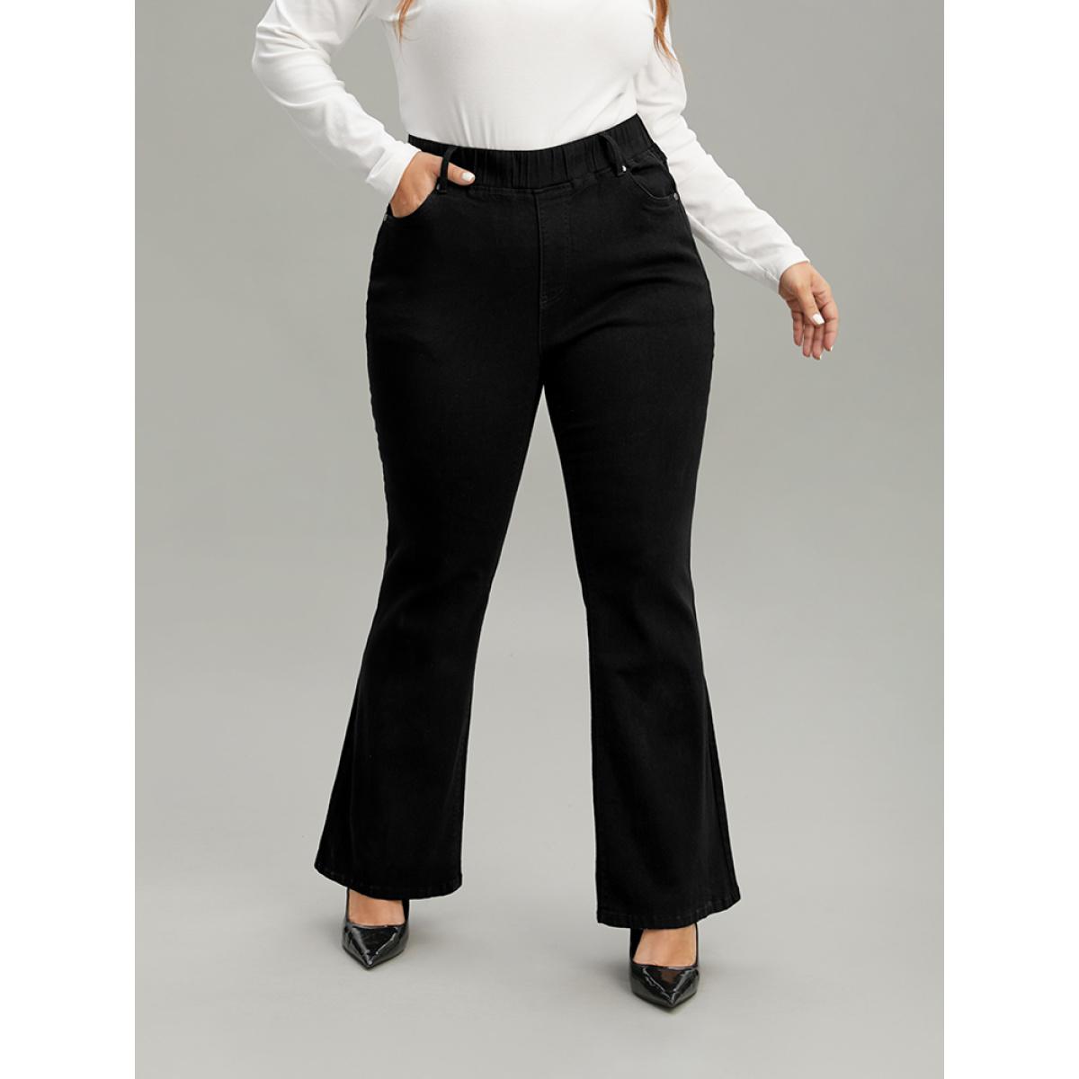 Plus Size Black Wash Pocket Flare Leg Jeans Women Black Casual Plain Plain High stretch Pocket Jeans BloomChic 22/3X Product Image