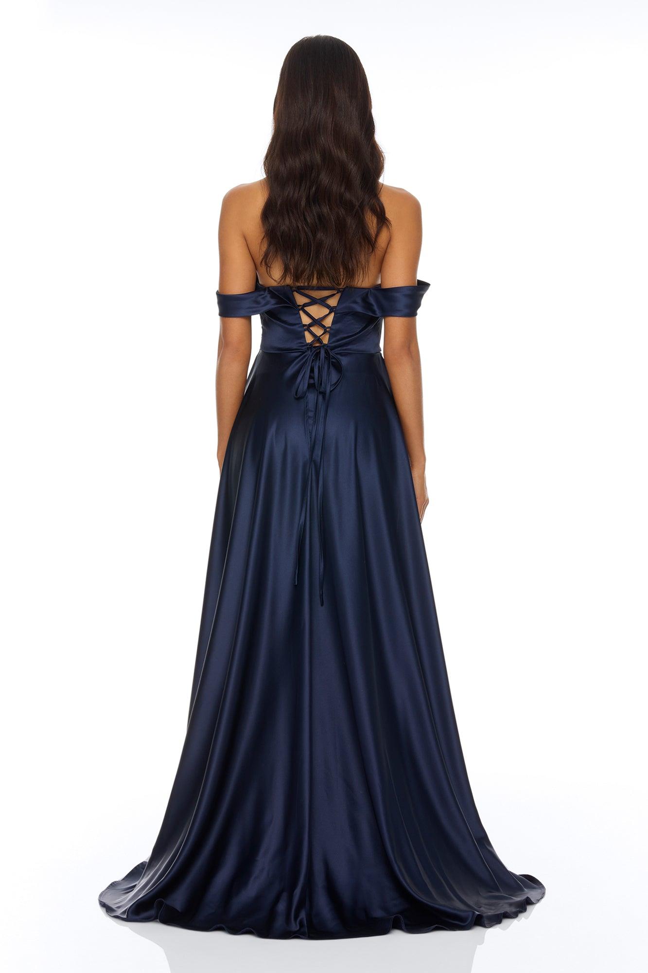 Grayson Off Shoulder Satin Maxi Dress - Navy Female Product Image