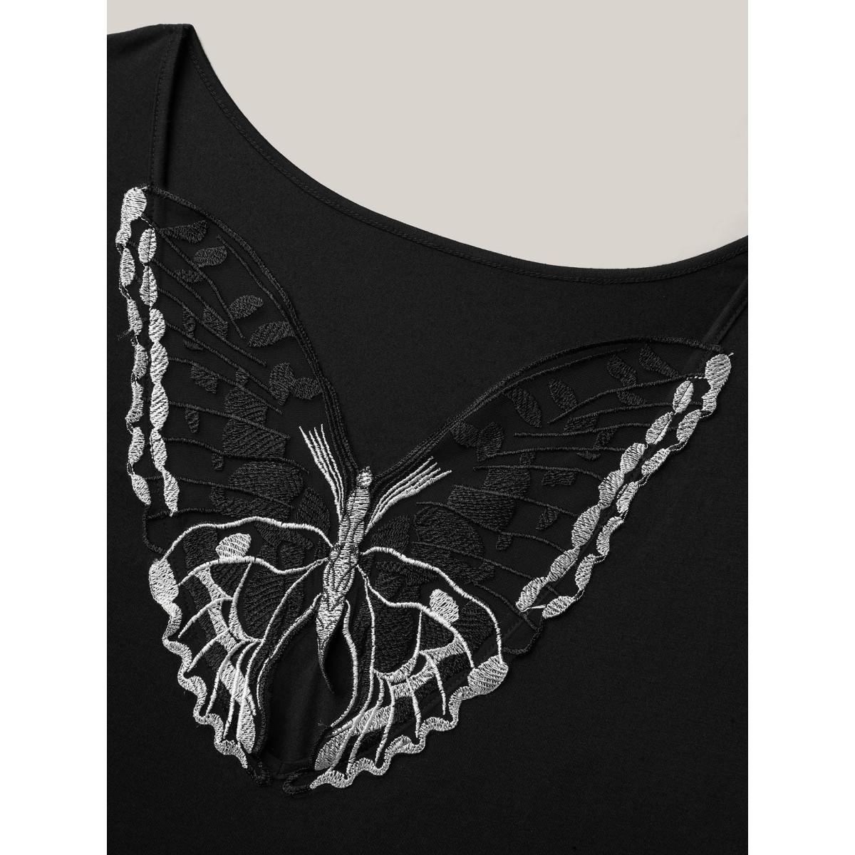 Plus Size Butterfly Back Stretchy Round Neck T-Shirt Black Women Leisure See through Round Neck Casual T-shirts BloomChic 10/M Product Image
