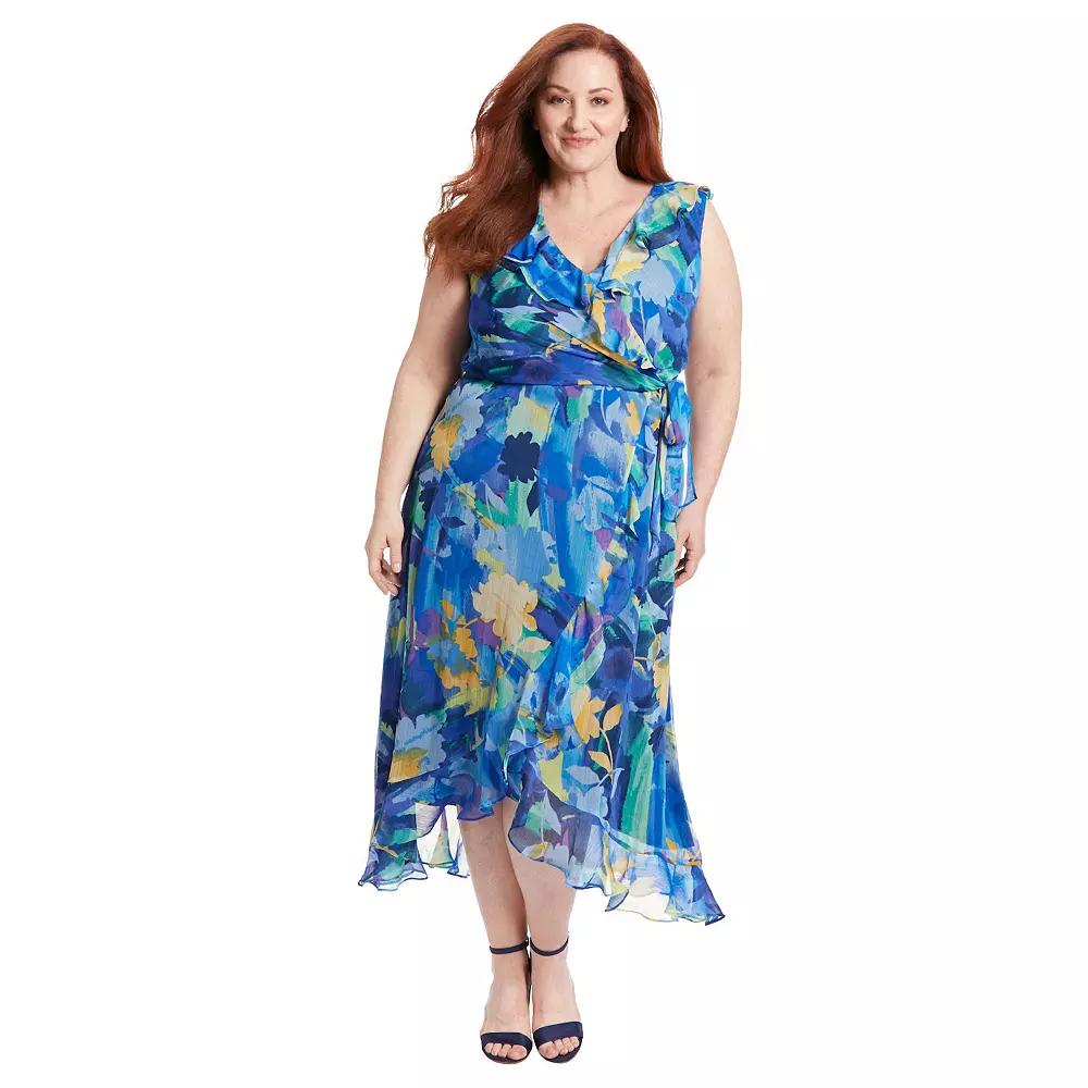 Plus Size London Times Side Tie Ruffle Faux Wrap Dress, Womens Product Image