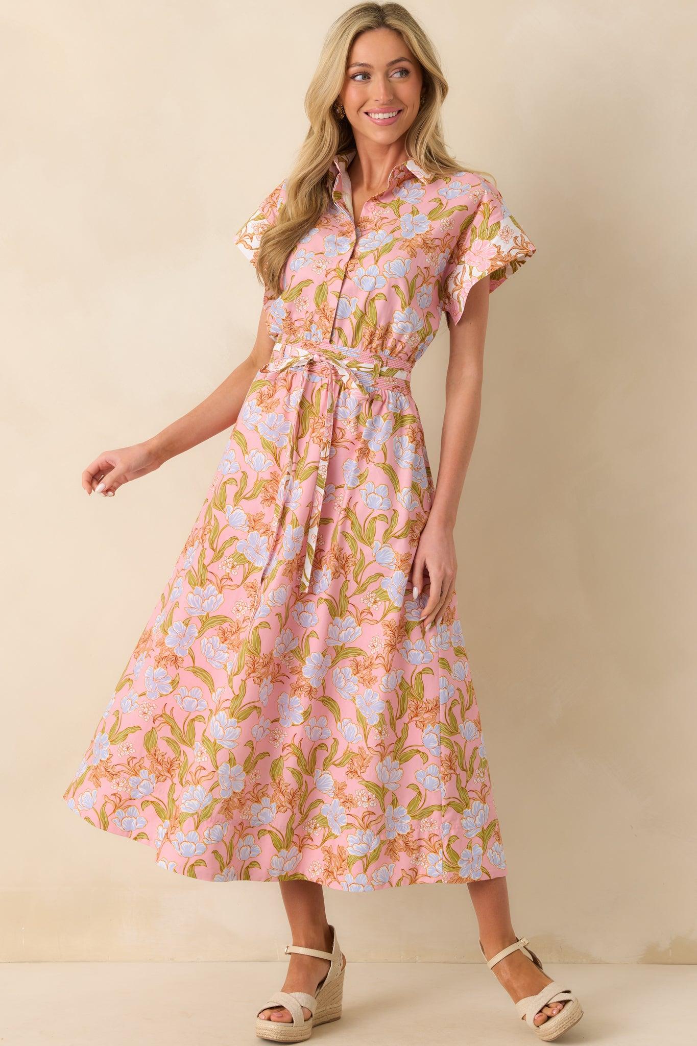 It Comes Easily Pink Coral Floral Print Maxi Shirt Dress Product Image
