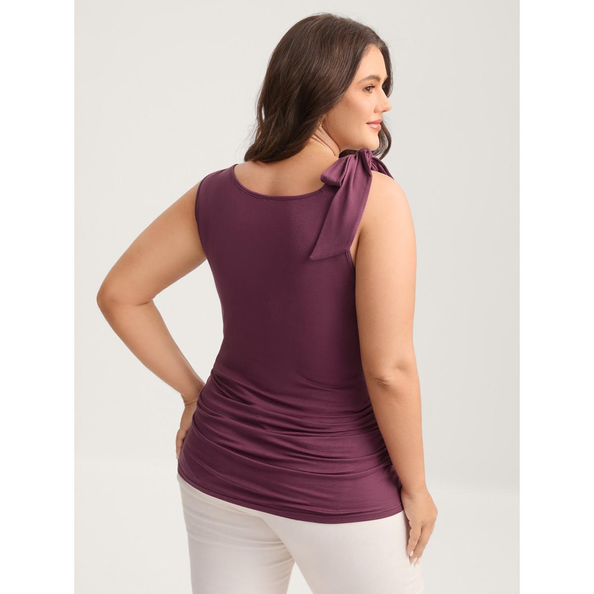 Plus Size Bow-Tie Ruched Waist Solid Tank Top Women Plum Tie knot Round Neck Everyday-Elegant Tank Tops Camis BloomChic 18-20/2X Product Image