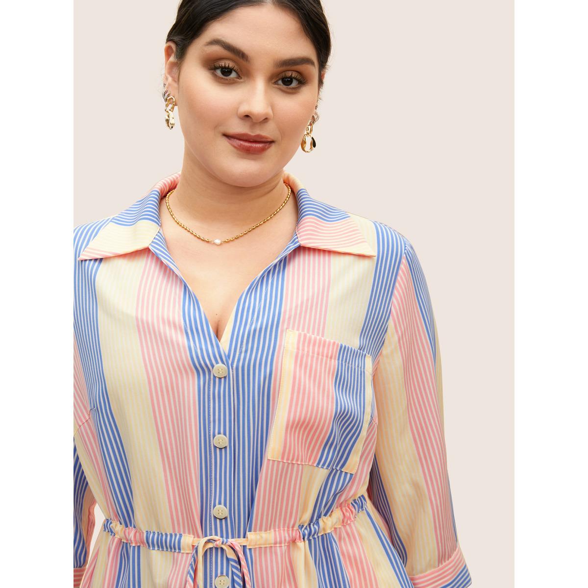 Plus Size Multicolor Contrast Striped Drawstring Patched Pocket Blouse Women Casual Elbow-length sleeve Shirt collar Everyday Blouses BloomChic 12/L Product Image