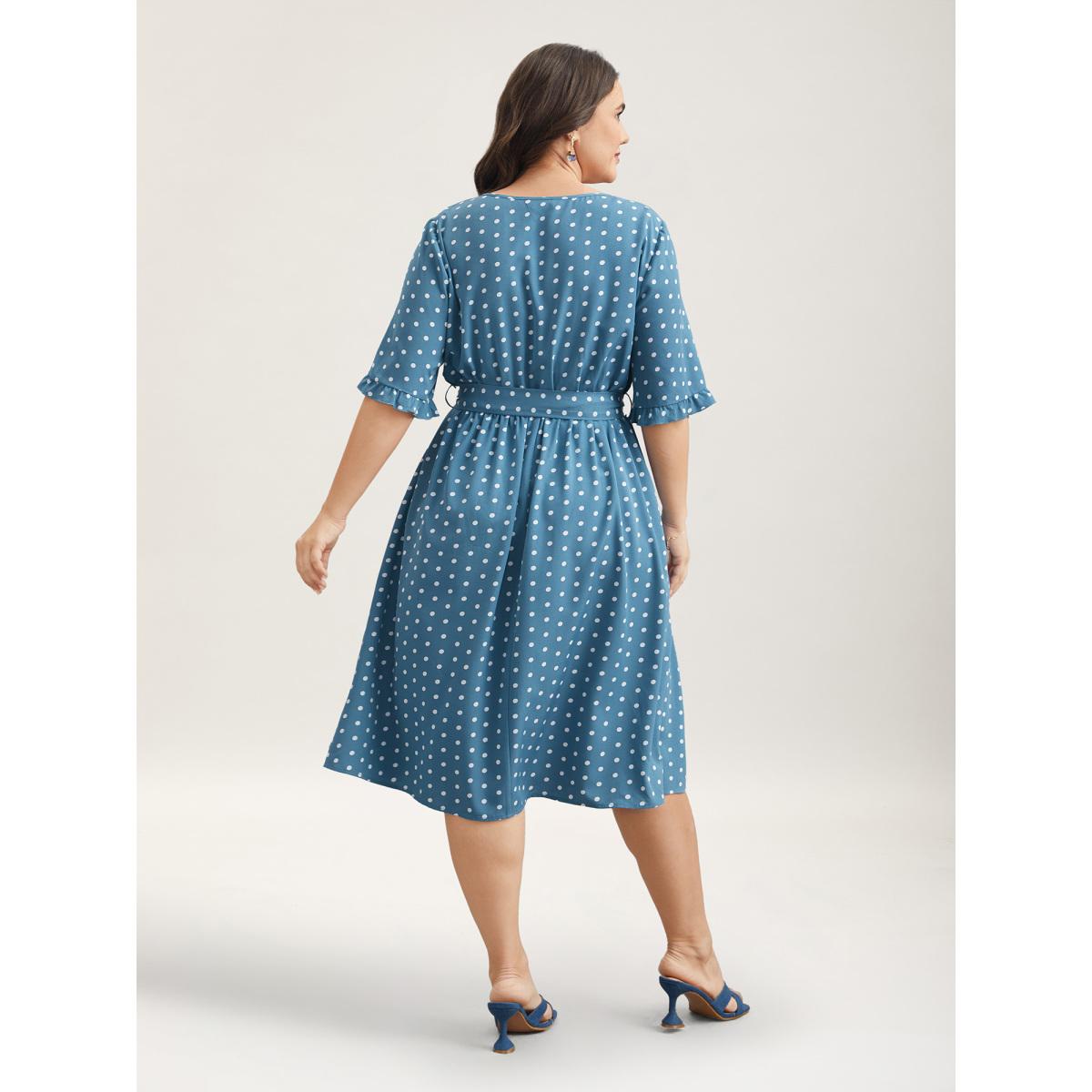 Plus Size Polka Dot Print Belted Stretchy Midi Dress Cerulean Women Elegant Belted Round Neck Half Sleeve Curvy BloomChic 28/5X Product Image