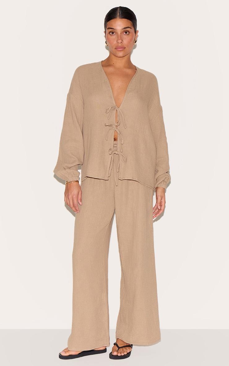 Petite Mushroom Cheesecloth Textured Tie Front Shirt Product Image