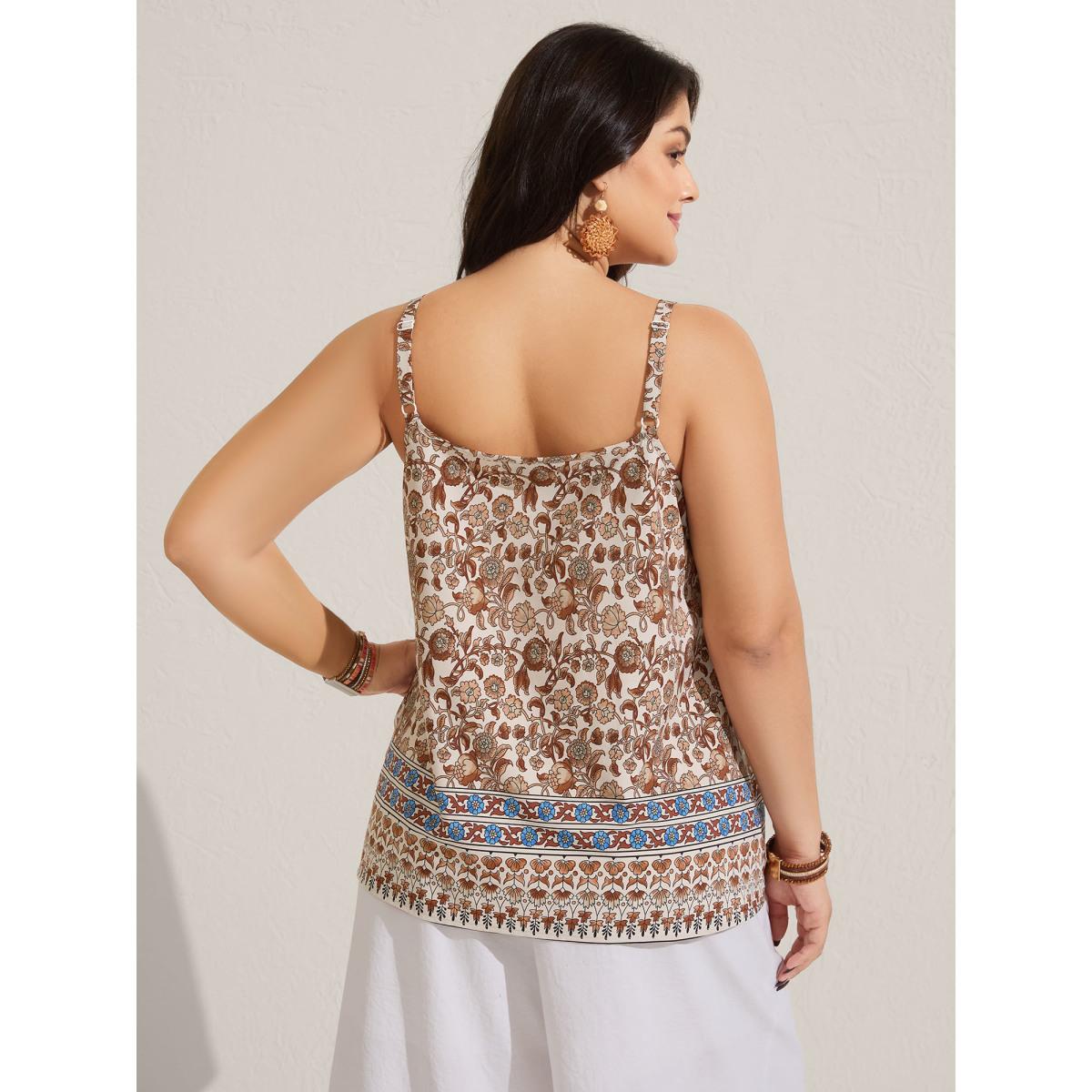 Plus Size Boho Print Pleated Tank Top Women Yellowishbrown Boho Gathered Non Vacation Tank Tops Camis BloomChic 18-20/2X Product Image