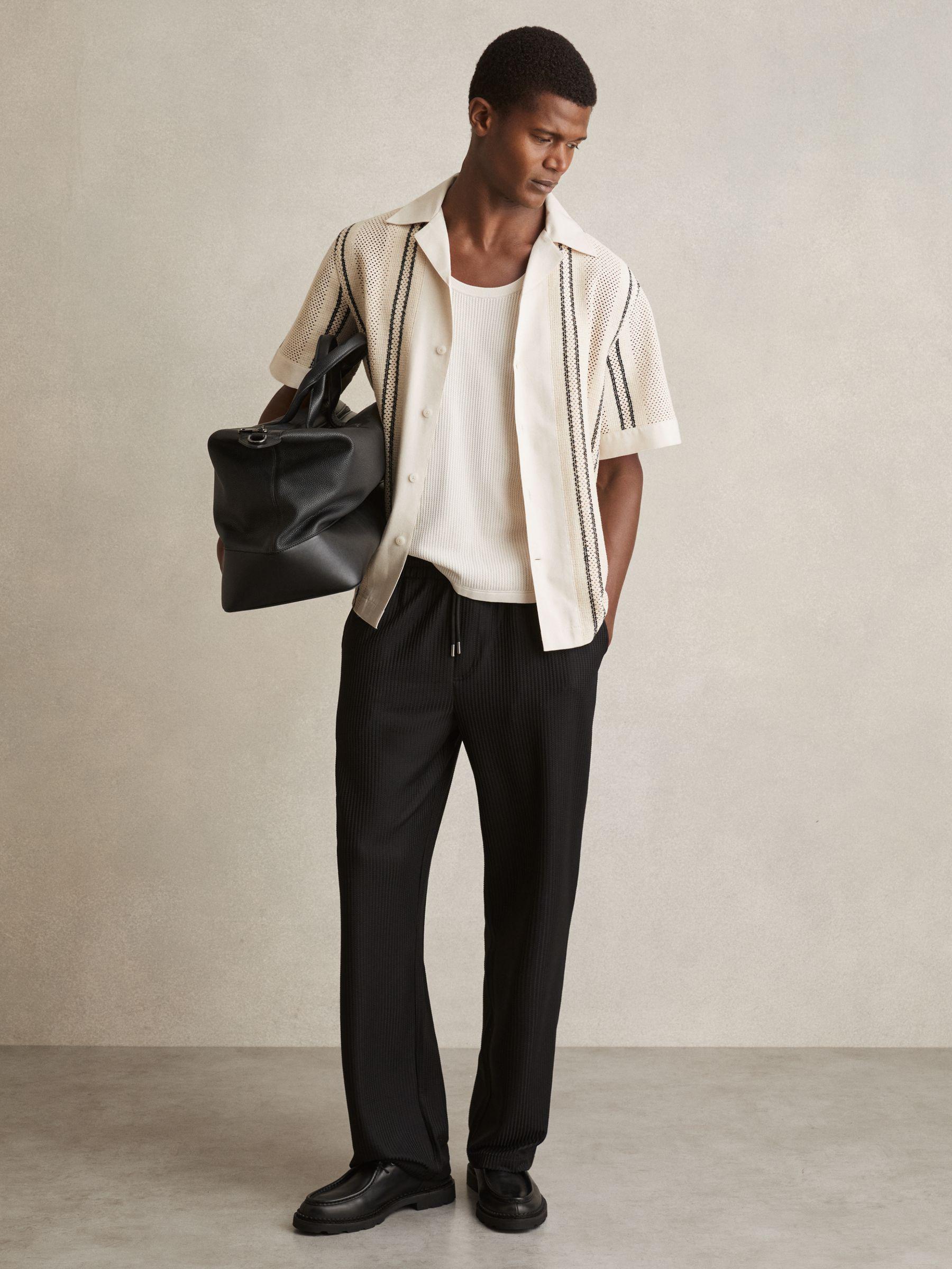 Crochet Stripe Cuban-Collar Shirt in Off White/Navy Product Image