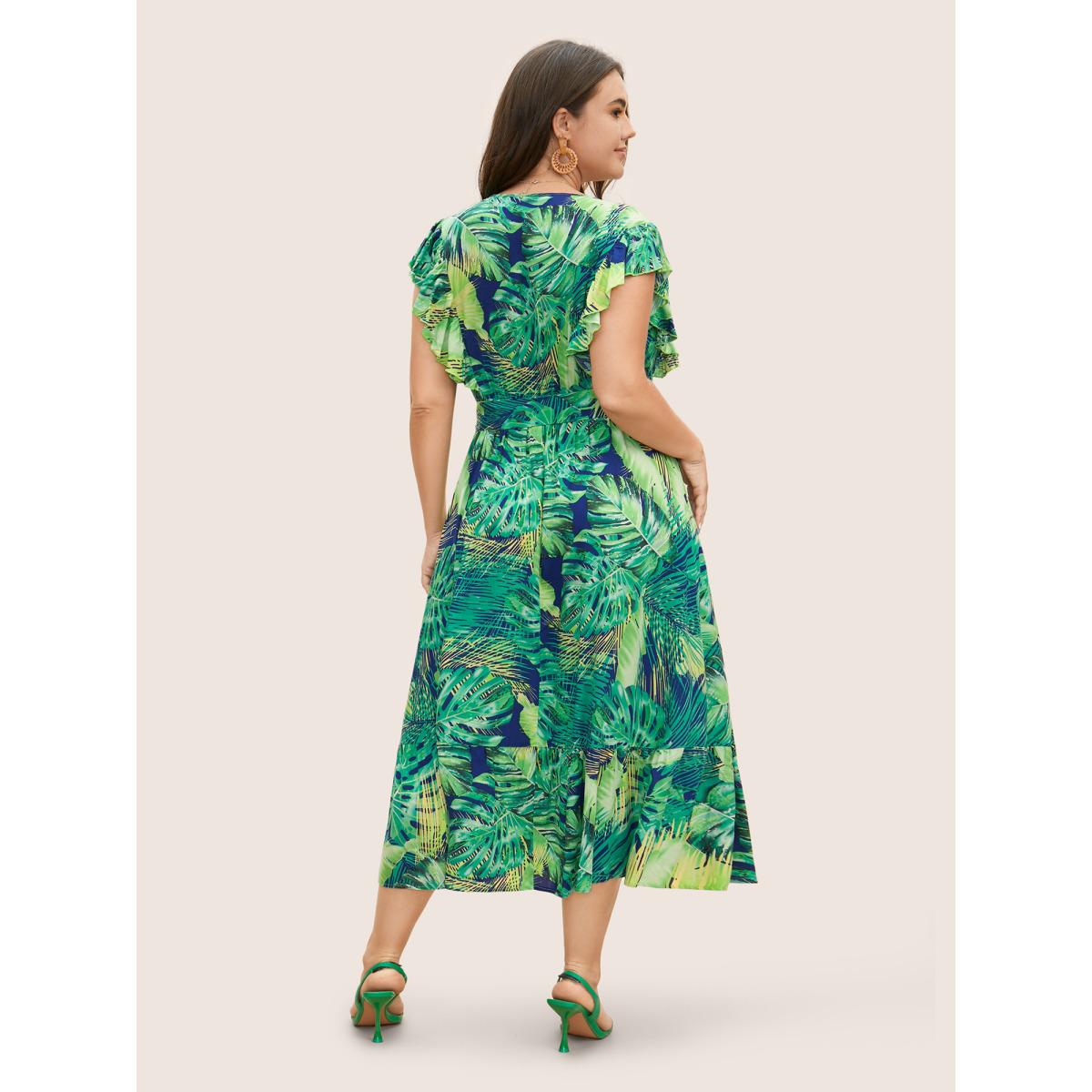 Plus Size Tropical Print Overlap Collar Ruffle Cap Sleeve Dress DarkBlue Women Resort Belted Overlap Collar Cap Sleeve Curvy BloomChic 22-24/3X Product Image
