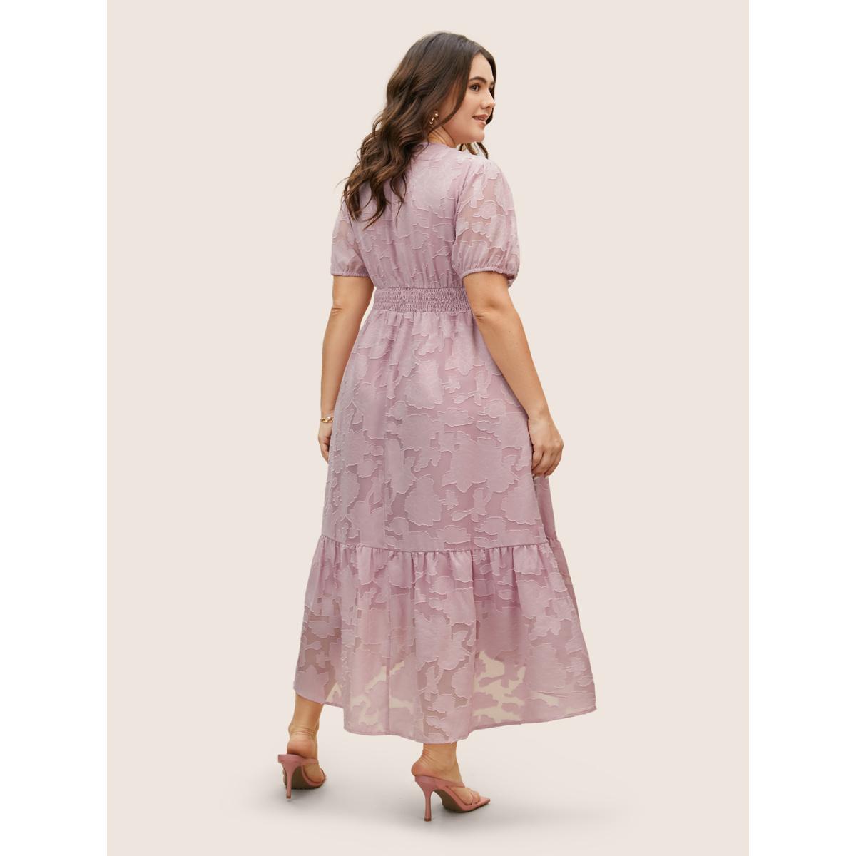 Plus Size Solid Textured Lantern Sleeve Button Detail Dress Lightpink Women Romantic Button V-neck Short sleeve Curvy BloomChic 28/5X Product Image