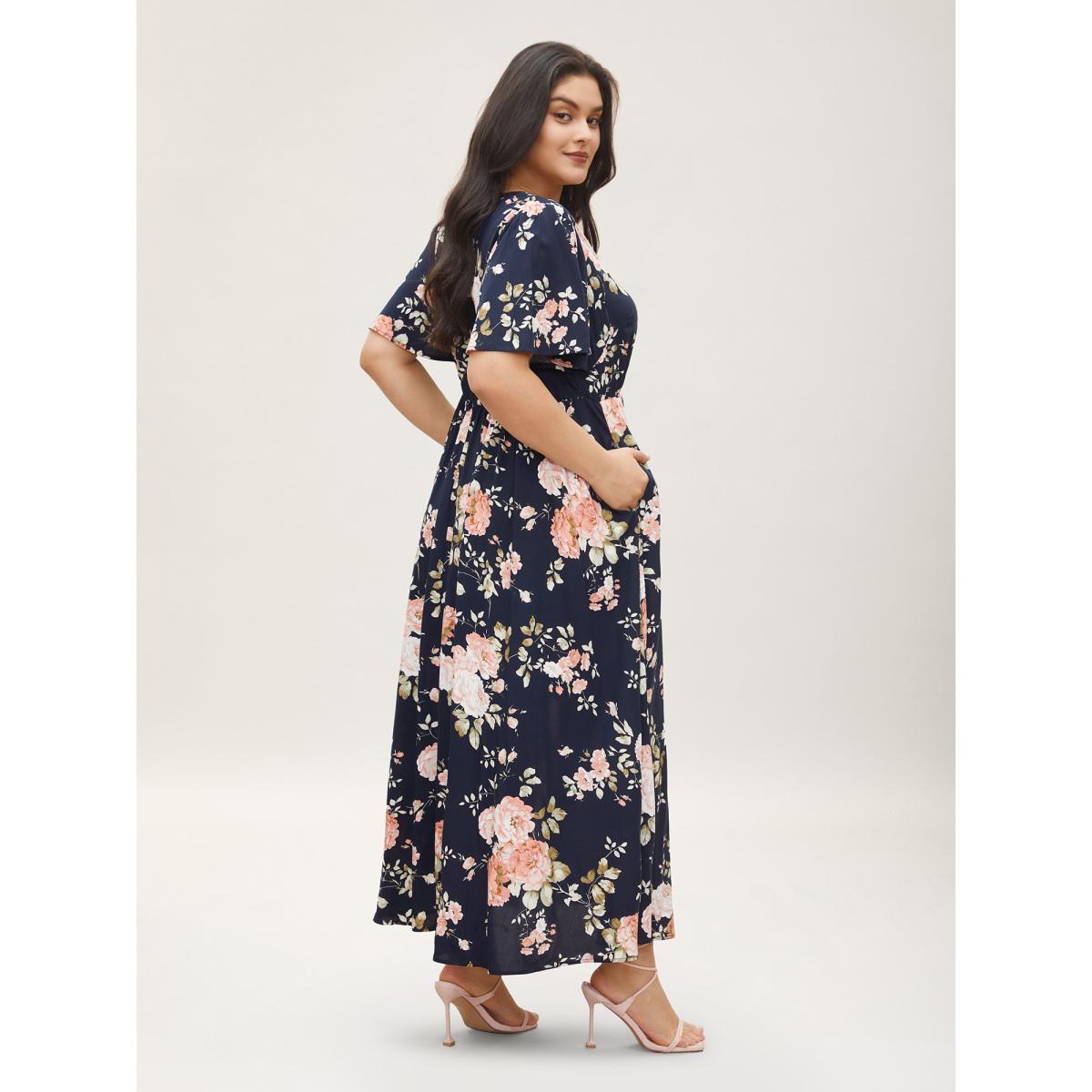 Plus Size Bloom Dress - Flutter Sleeve Ditsy Floral Pocket Split Maxi Dress LightGreen Women Romantic Slit V-neck Half Sleeve Curvy Long Dress BloomChic 10/M Product Image