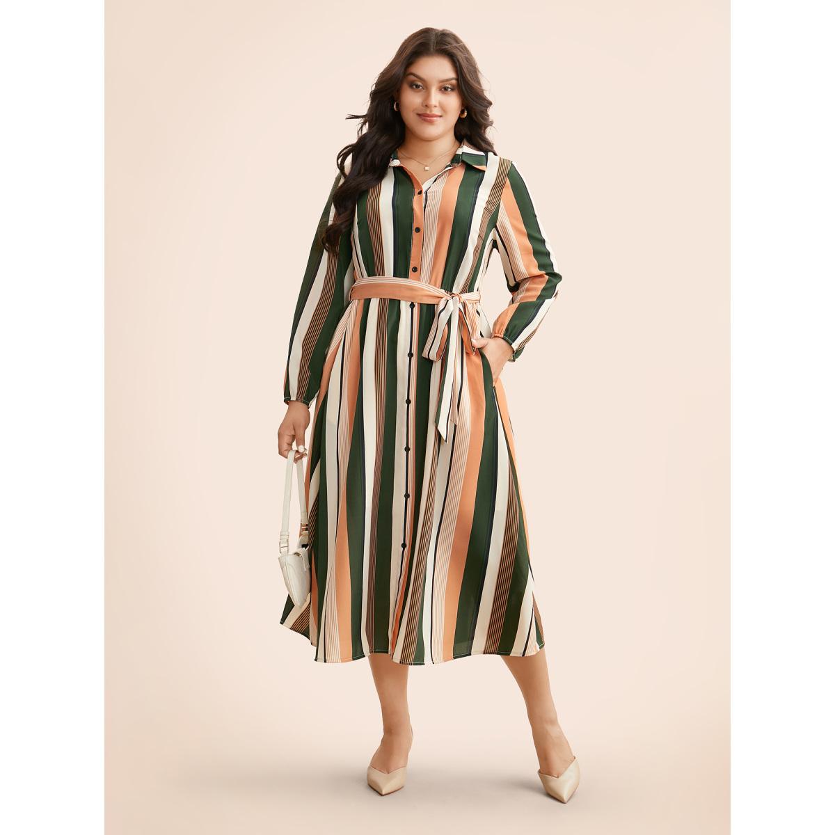 Plus Size Contrast Striped Belted Midi Dress Multicolor Women At the Office Belted Shirt collar Long Sleeve Curvy BloomChic 28/5X Product Image
