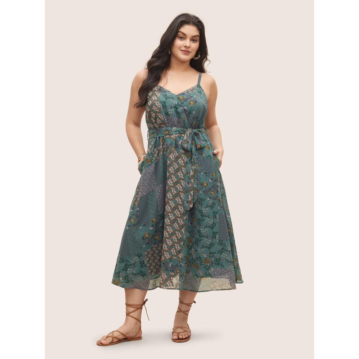 Plus Size Chiffon Boho Print Wrap Belted Cami Dress Emerald Women Elegant Non Spaghetti Strap Sleeveless Curvy Midi Dress BloomChic 18-20/2X Product Image