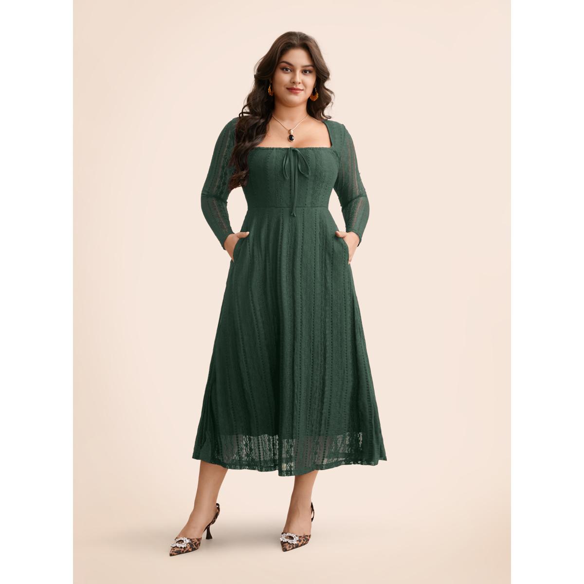 Plus Size Lace Panel Square Neck Tie Knot Dress Deeppurplered Women Elegant Tie knot Square Neck Long Sleeve Curvy BloomChic 30/6X Product Image