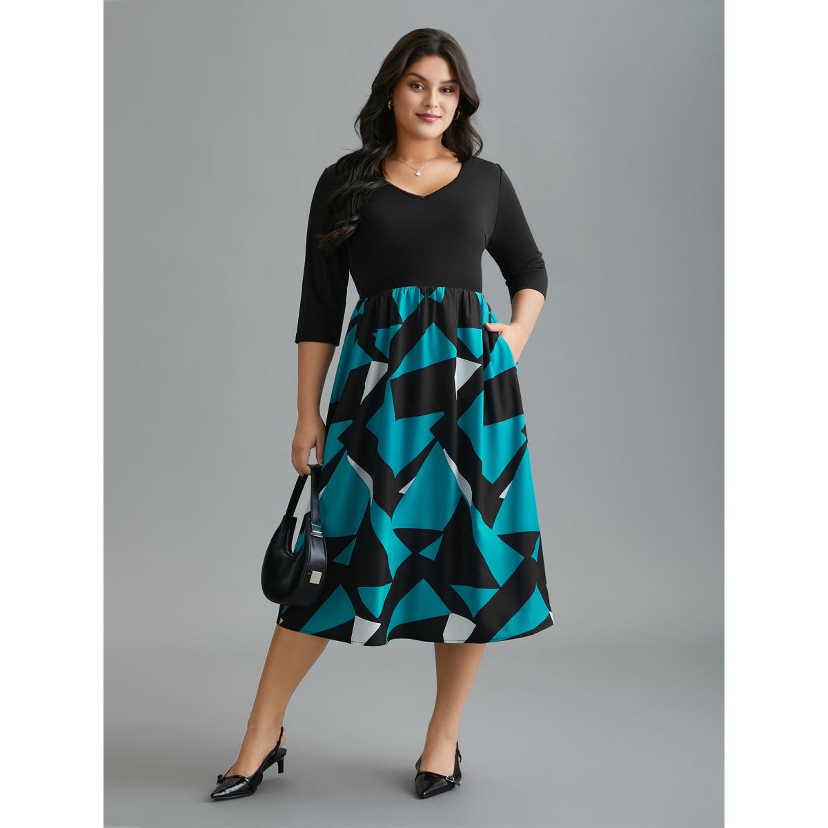 Plus Size V-Neck Geometric Color Contrast Dress Black Women At the Office Patchwork V-neck Elbow-length sleeve Curvy BloomChic 14-16/1X Product Image