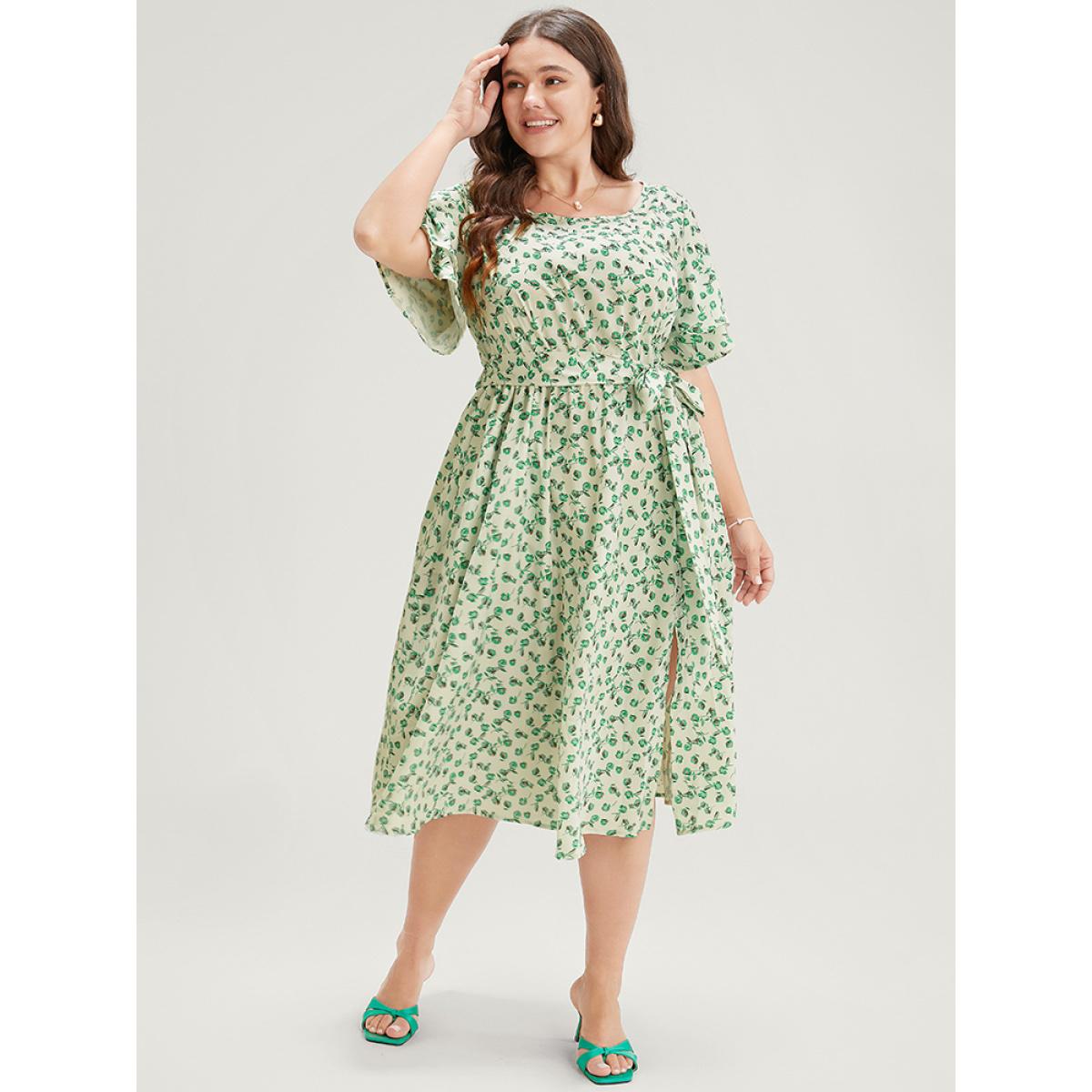 Plus Size Ditsy Floral Flutter Sleeve Pocket Split Hem Belt Dress YellowGreen Women Elegant Pocket V-neck Short sleeve Curvy Midi Dress BloomChic 30/6X Product Image